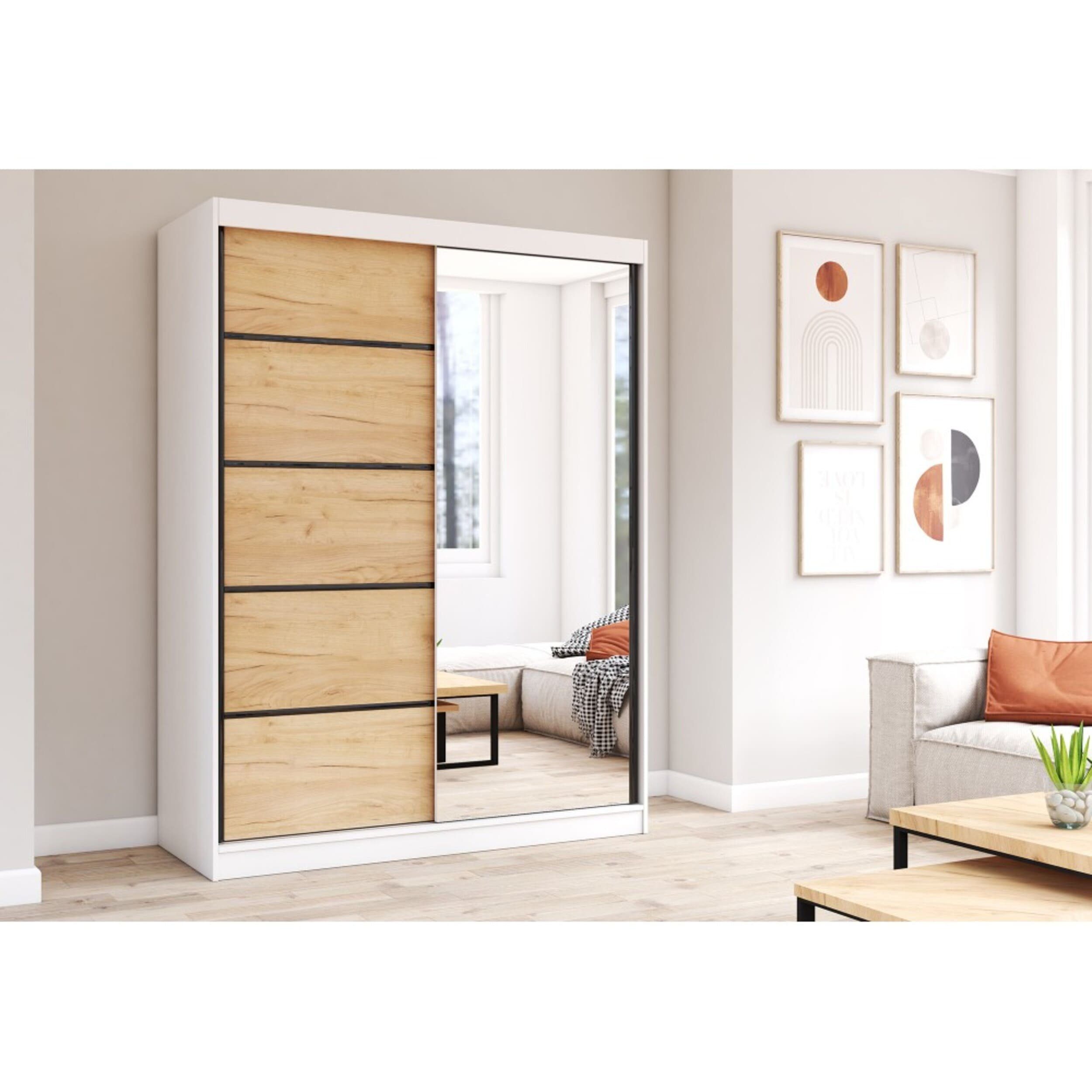 (BxHxT): (mit Gaderobe Craft Spiegel Einlegeböden LARA vielen 05 cm Modern mit Schwebetürenschrank Schrank Design), | Schlafzimmer-Wohnzimmerschrank Schiebtüren Kleiderstange, Kleiderschrank und 150x200x61 Eiche 2-türig Weiß MOEBLO