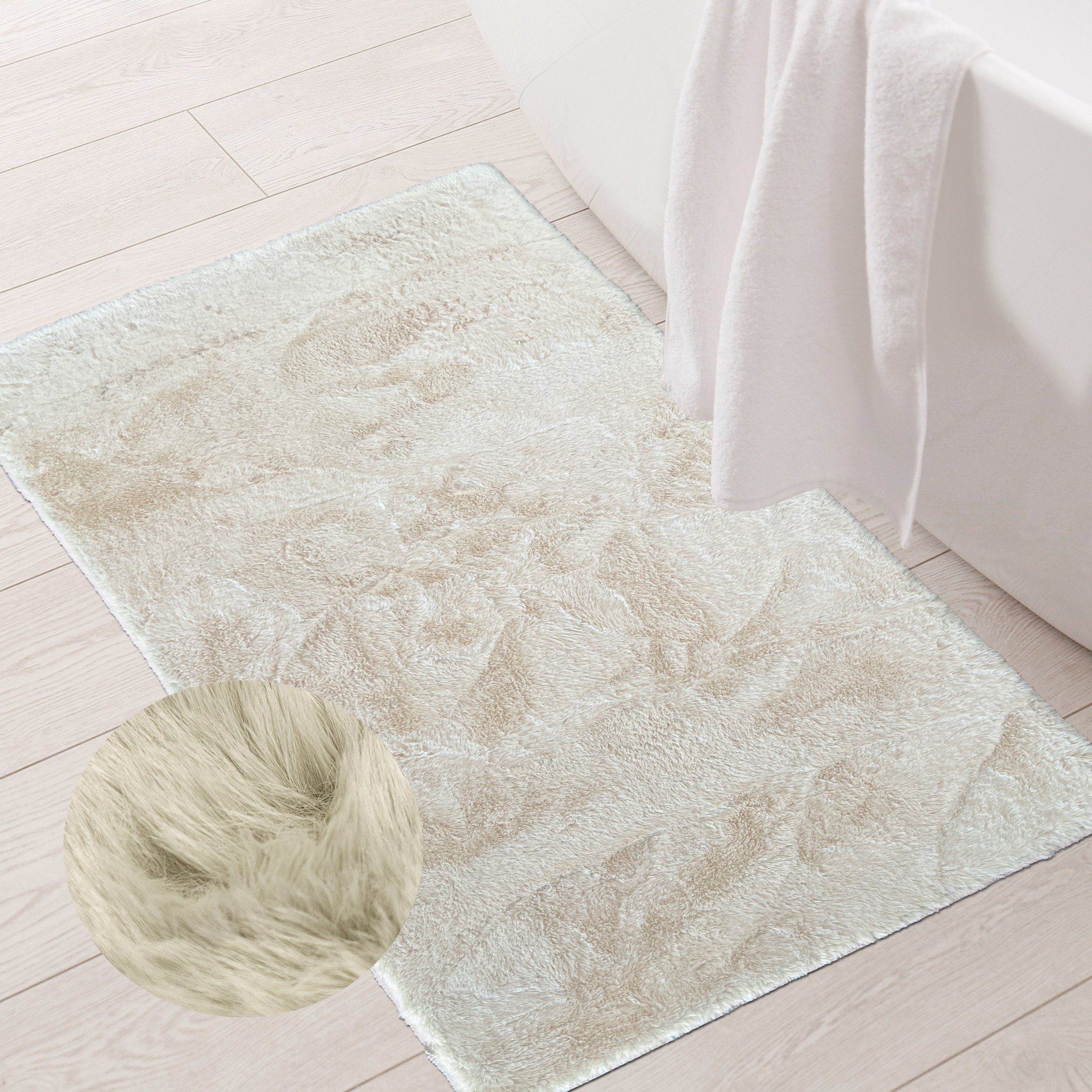 Teppich Waschbarer Edel Teppich für Badezimmer in Hasenfelloptik beige, Teppich-Traum, rechteckig