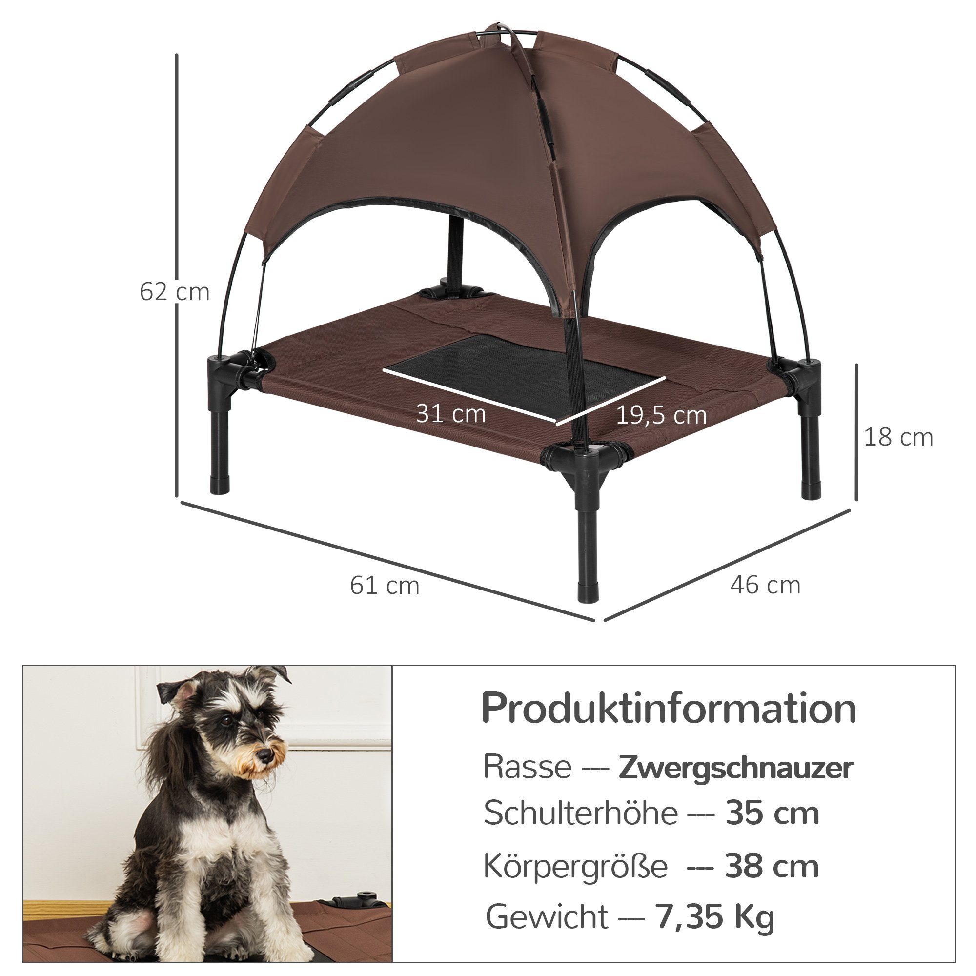 PawHut Tierbett Hundeliege mit Baldachin, erhöht, atmungsaktiv, für Camping, Netzstoff, für Garten, Balkon, Kaffee