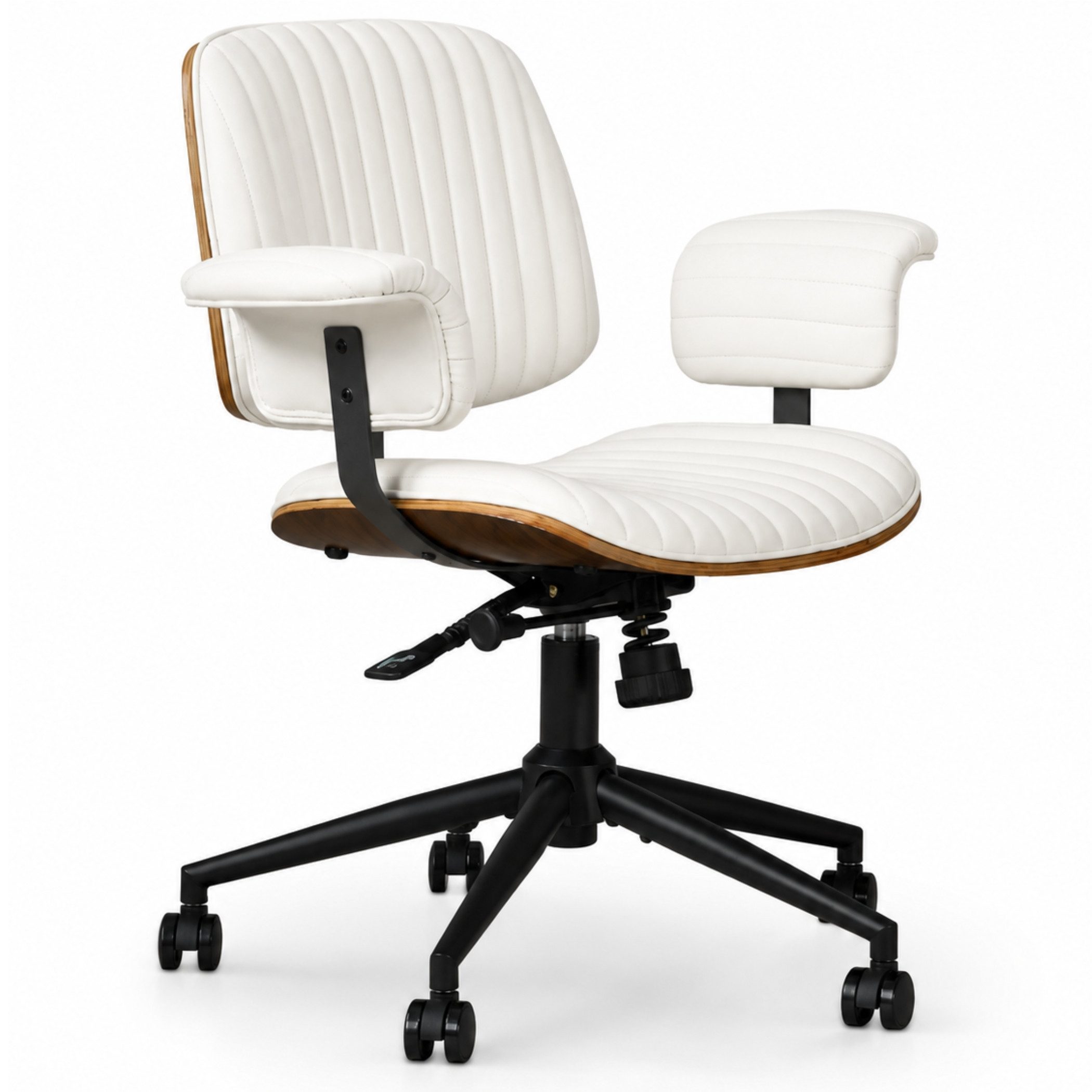SeedWave Bürostuhl Ergonomischer Drehstuhl Wippbar mit Gebogener Holzschale & Armlehnen, Industrial Design, Kunstleder Home office chair mit leisen Rollen