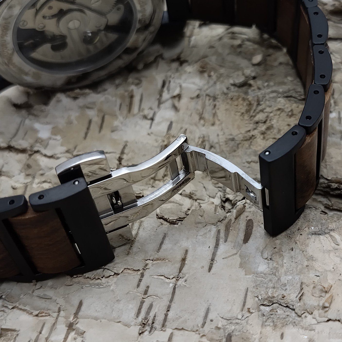 Herren Edelstahl schwarz, Holz Holzwerk Uhr, Automatikuhr Armband CLINGEN & braun matt