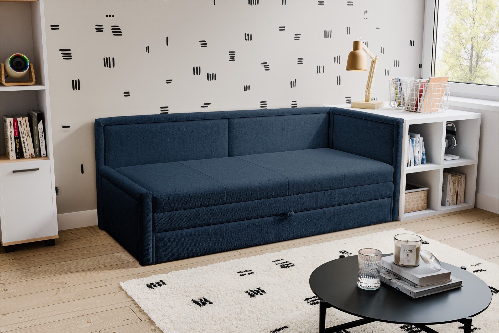 Selsey Jugendbett CAPRILI, Gepolstertes Jugendbett mit Ausziehfunktion, Matratze und Bettkasten
