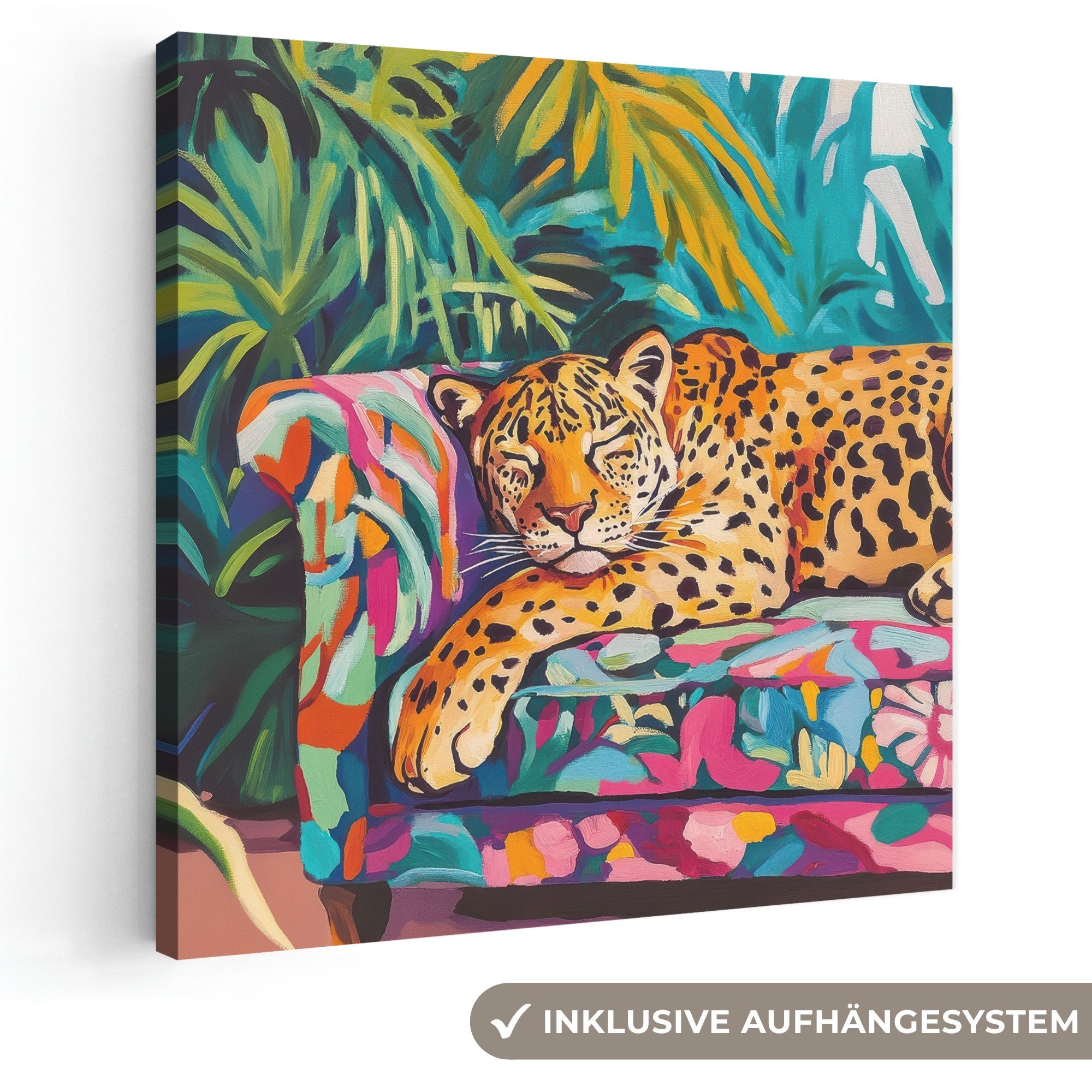 OneMillionCanvasses® Leinwandbild Leopard - Bunt - Tropisch, Fotodruck (1 St), Wandbild, Deko Schlafzimmer Wohnzimmer Flur 20x20 cm
