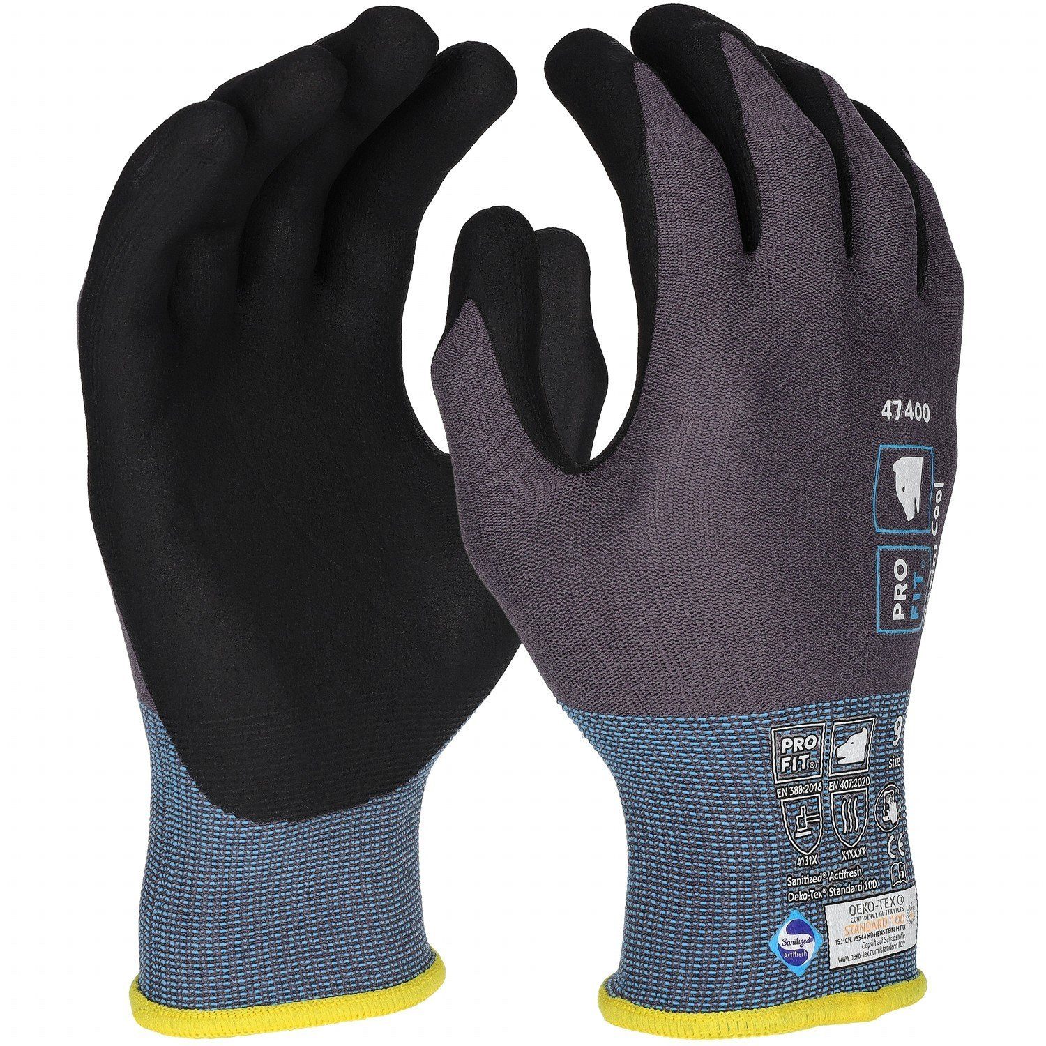PRO FIT Montage-Handschuhe, Nitril Arbeitshandschuhe, Sicherheitshandschuhe - "Maxim cool" (12, Paar) Sanitized®, grau / schwarz, Unisex