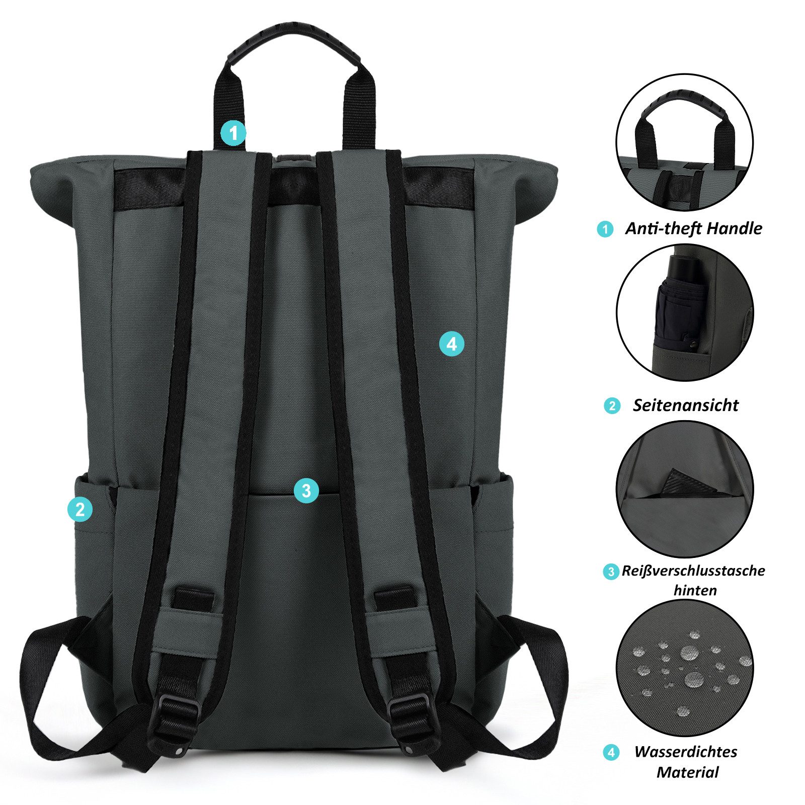 TAN.TOMI Cityrucksack Rolltop Rucksack Damen Herren, Rucksack Laptop Tasche 15,6 Zoll (Damen Herren weit öffenbar, Rolltop Rucksack wasserabweisend), Backpack D – Bild 4 von 5