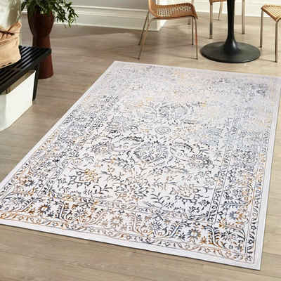 Designteppich Vintage Teppich für Wohnzimmer - Glänzende - Creme mit Gold, Mazovia, 80 x 150 cm, Glänzende Vintage, Höhe 10 mm, Kurzflor - niedrige Florhöhe, Weich, Pflegeleicht