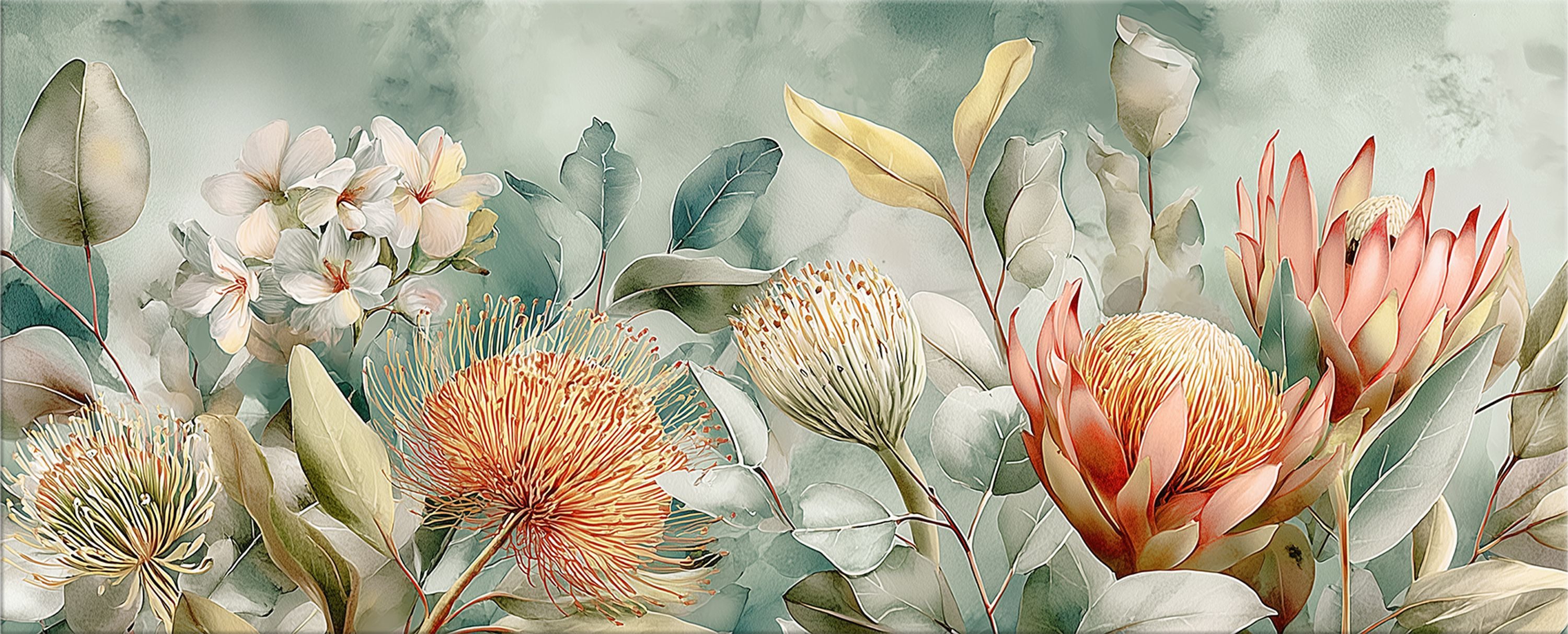 artissimo Glasbild XXL Bild aus Glas 125x50 cm / Panorama Wandbild groß / Wanddeko modern, Aquarell-Malerei: Blüten in salbei-grün