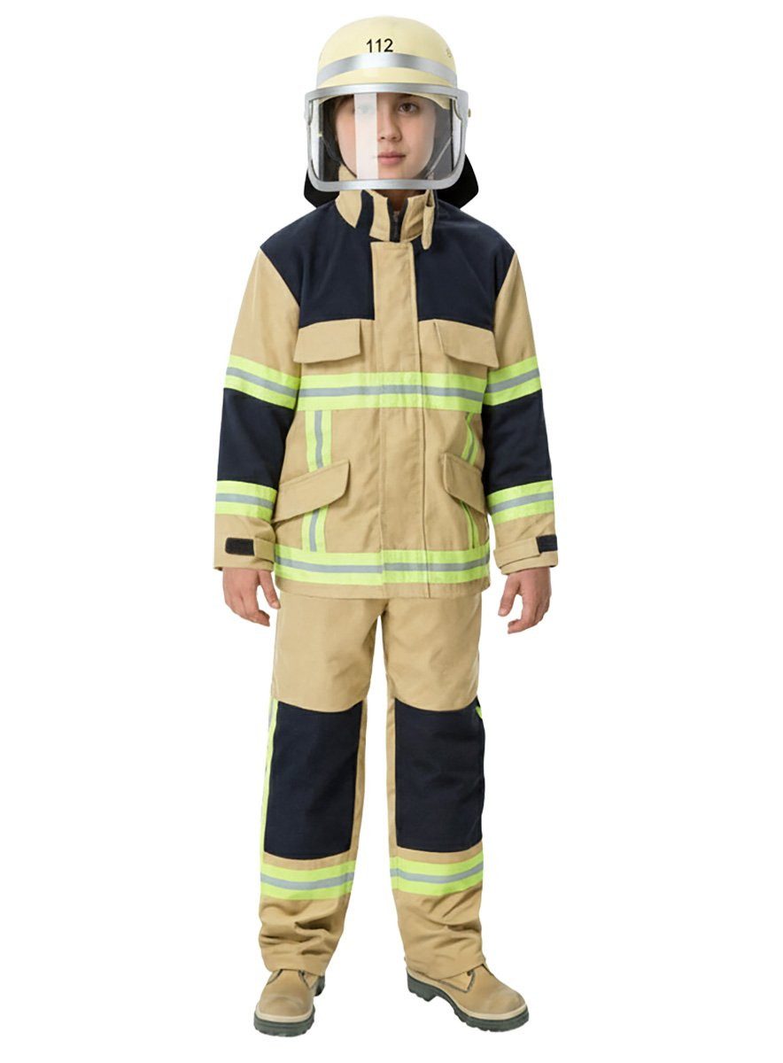 Maskworld Kostüm Feuerwehrmann - Karneval Faschingskostüm Kinder, Sandfarbene Kinder-Uniform mit Aufdruck 'Feuerwehr'