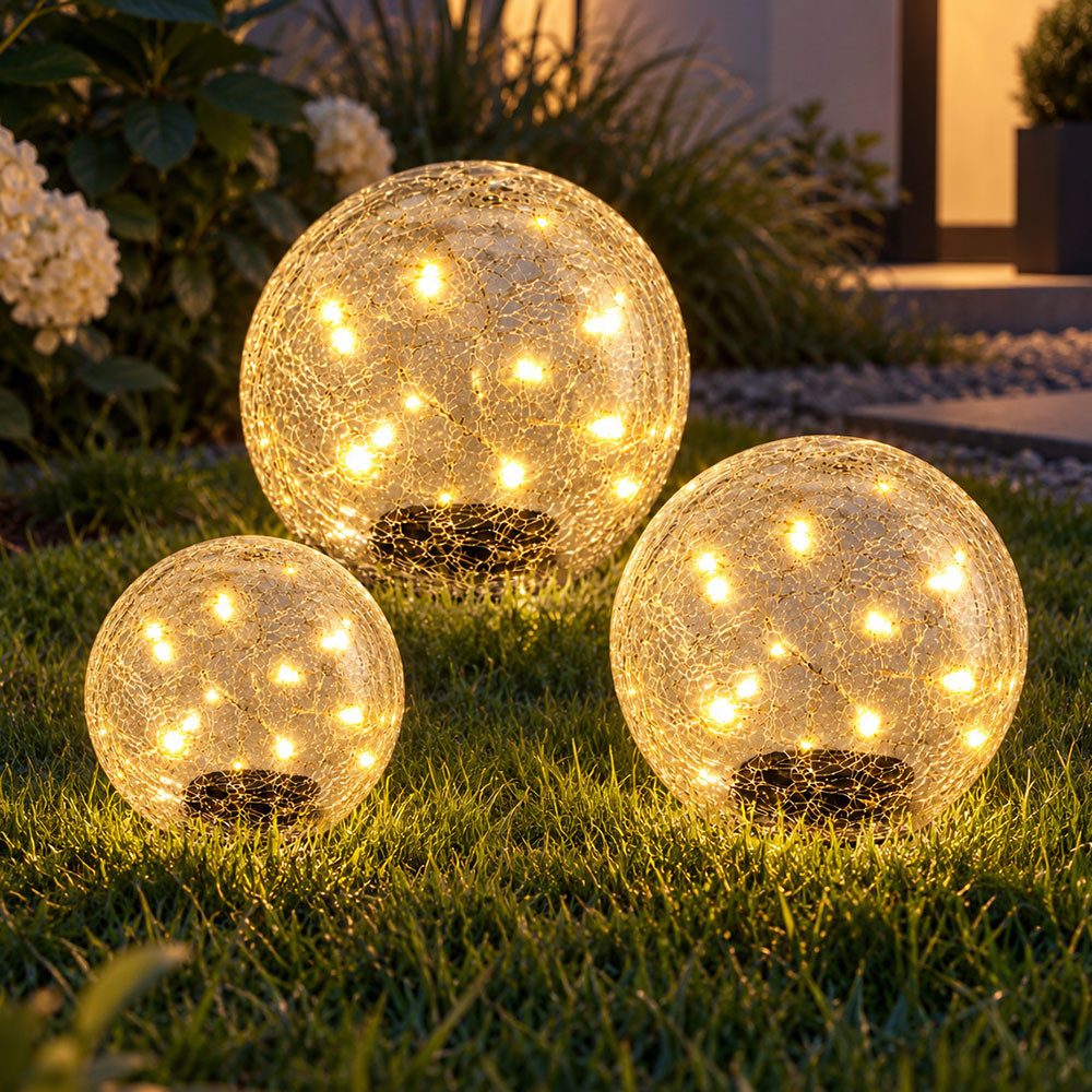 etc-shop LED Solarleuchte, LED-Leuchtmittel fest verbaut, Warmweiß, Solarleuchte Stecklampe Kugel Crackle Glas Gartenlampe LED 3er Set