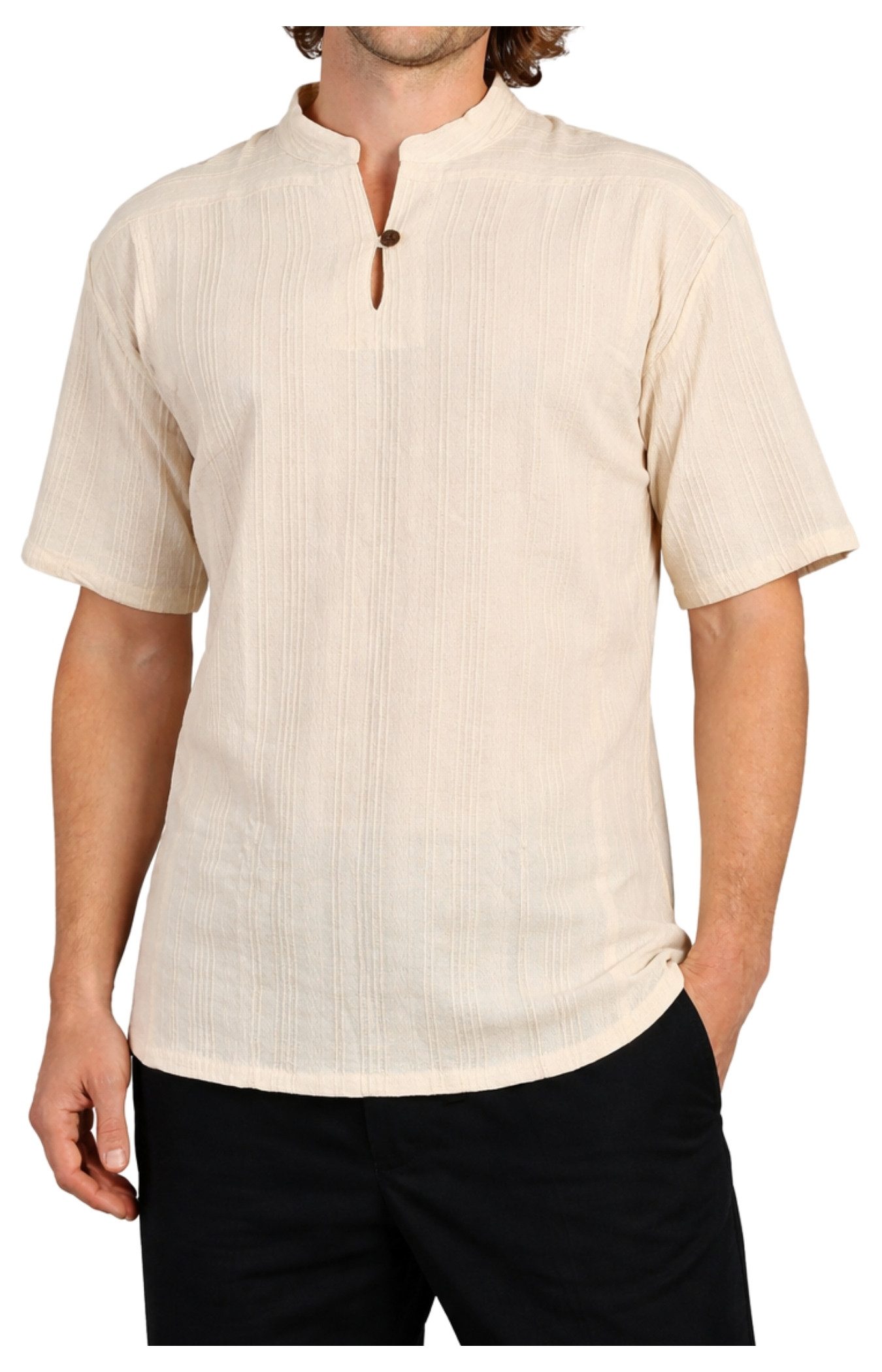 PANASIAM Kurzarmhemd Fischerhemd Herren - Fisherman Shirt aus 100% Baumwolle ohne Kragen Leichtes Sommerhemd mit Henley Ausschnitt auch als Mittelalterhemd