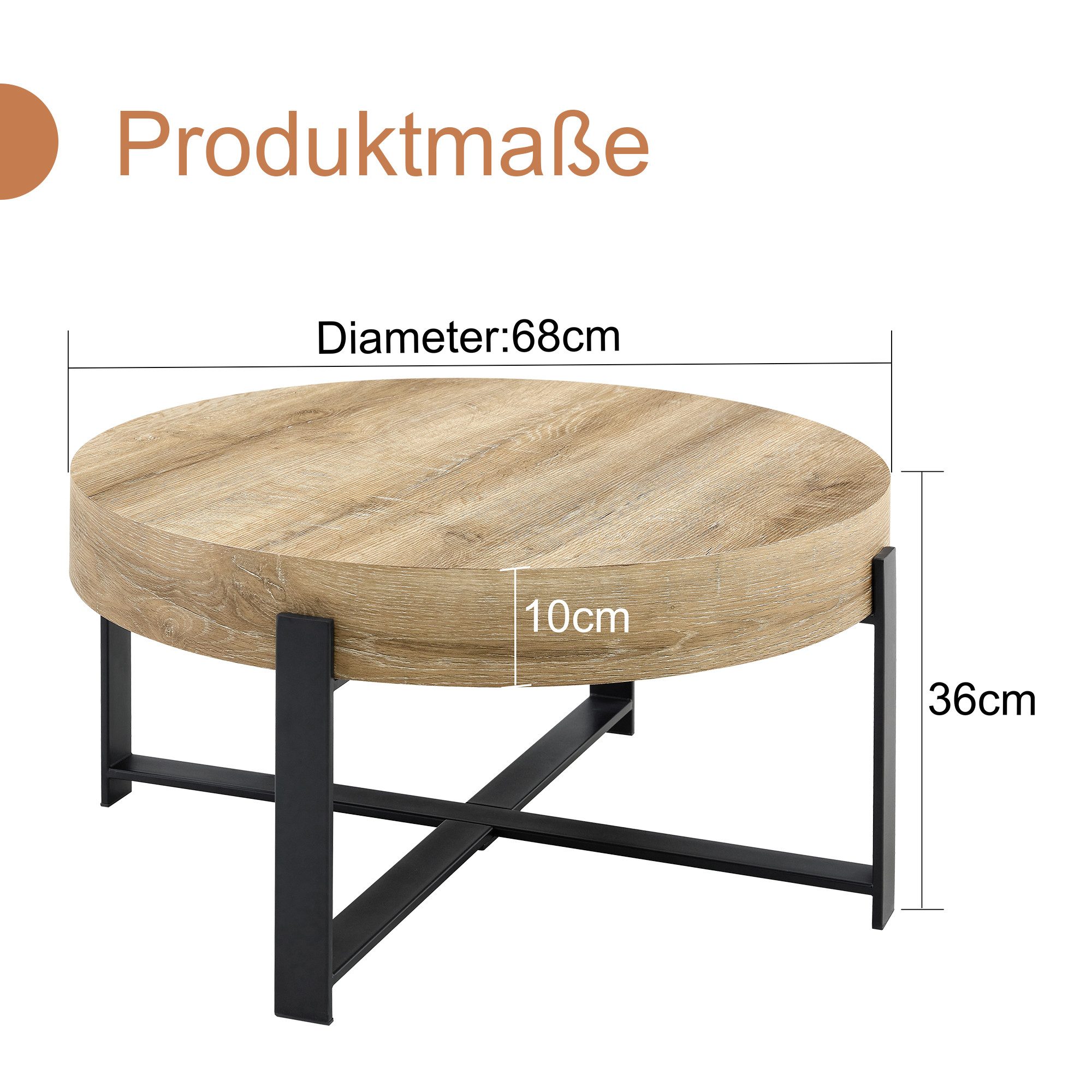 gopop Couchtisch Runder Beistelltisch Retro-Industrie-Stil, Ø 68 cm (1-St), mit MDF-Platte & Metallkreuzgestell