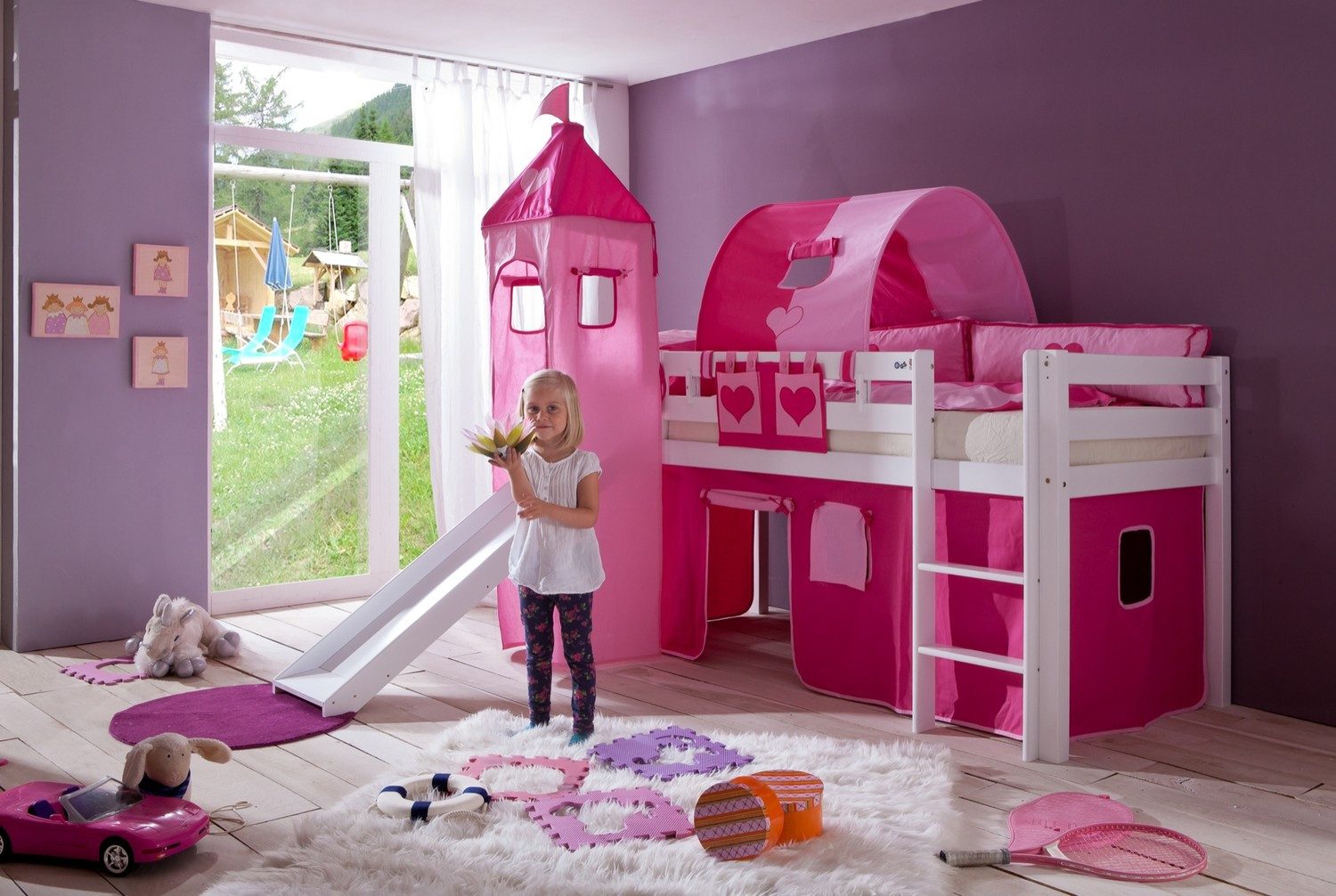 Natur24 Kinderbett Einzelbett Alex Buche massiv 90x200 cm Weiß lackiert mit Stoff-Set