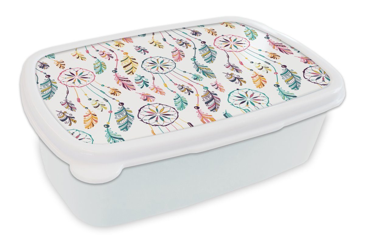 MuchoWow Lunchbox Muster - Traumfänger - Federn - Federn, Kunststoff, (2-tlg), Brotbox für Kinder und Erwachsene, Brotdose, für Jungs und Mädchen weiß