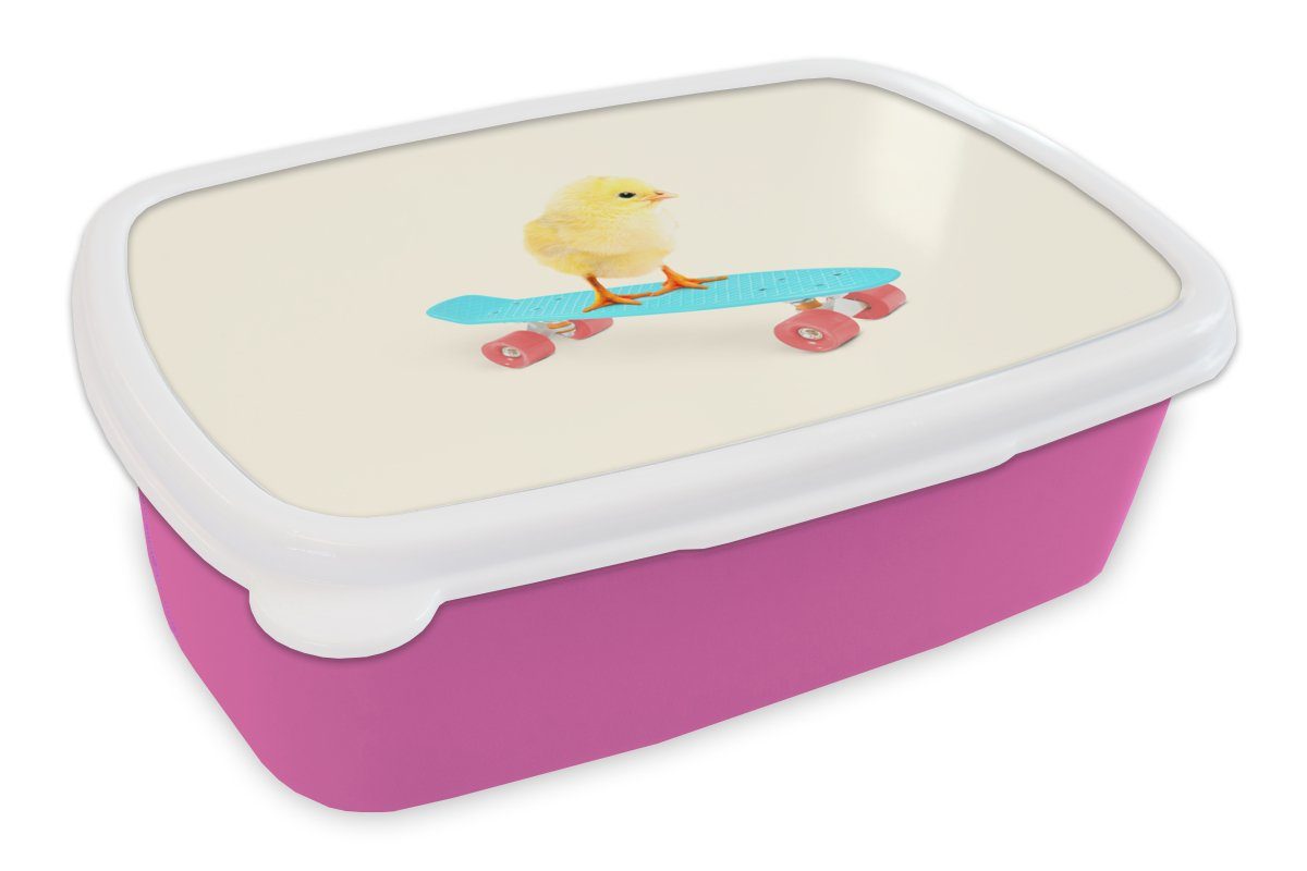 MuchoWow Lunchbox Küken - Gelb - Skateboard - Blau - Tiere, Kunststoff, (2-tlg), Brotbox für Erwachsene, Brotdose Kinder, Snackbox, Mädchen, Kunststoff rosa