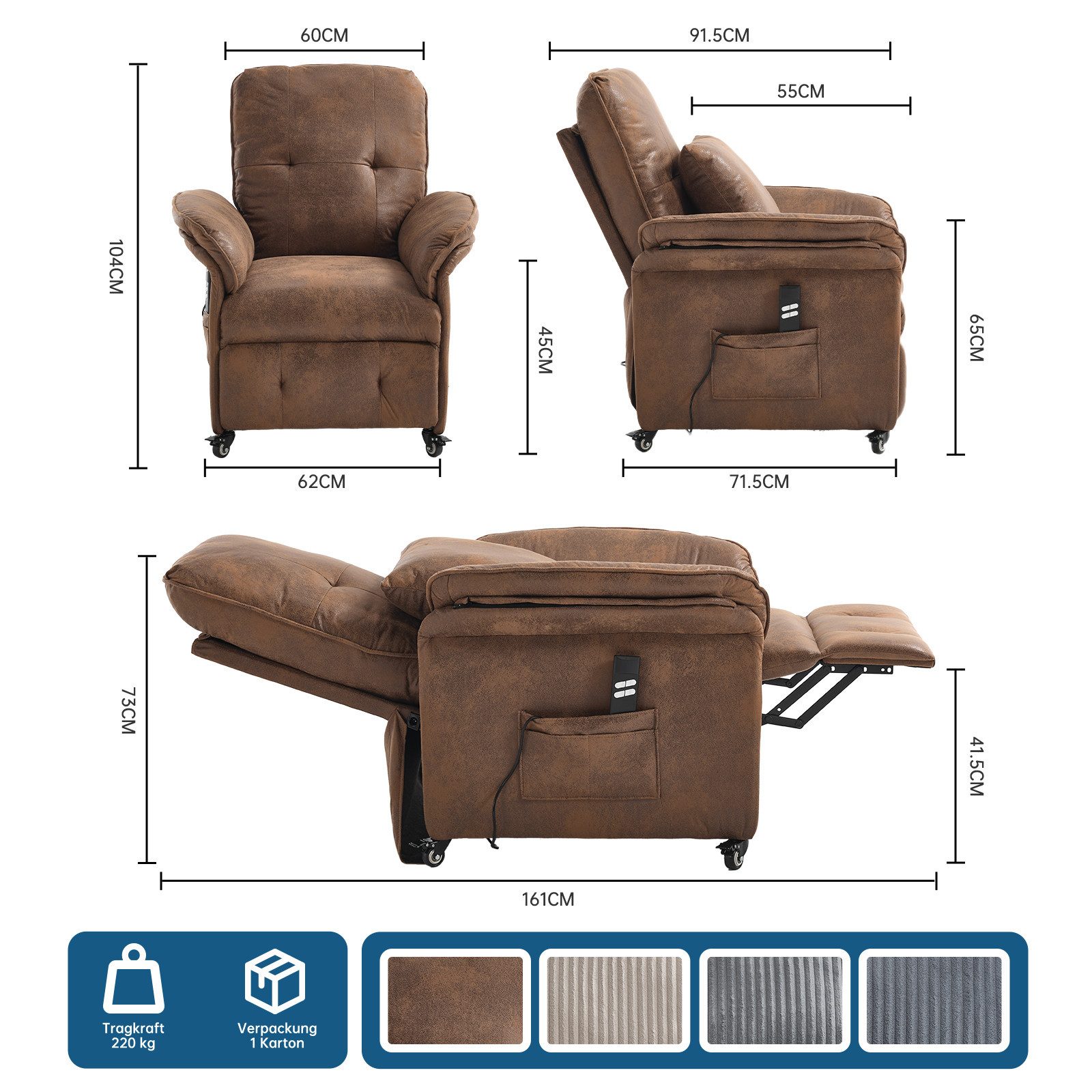 Happy Home Relaxsessel 2 Motoren Elektrischer Relaxsessel, Fernsehsessel mit Liegefunktion