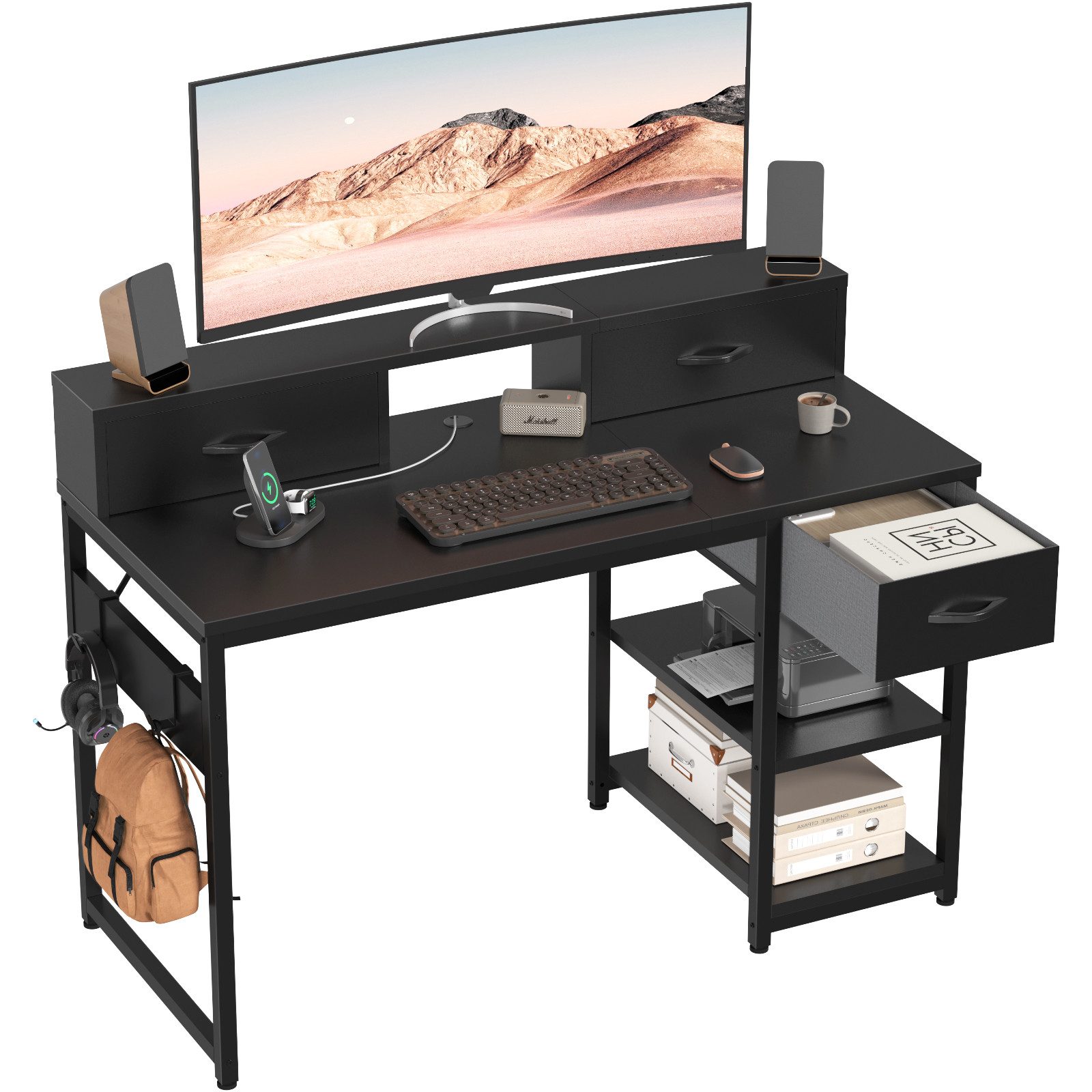 HOMALL Schreibtisch Klappbarer Schreibtisch mit Monitorhalterung Gaming-Schreibtisch (1,2 m lang, mit 3 Schubladen und 2 Ablagen, kann sowohl links als auch rechts montiert werden)