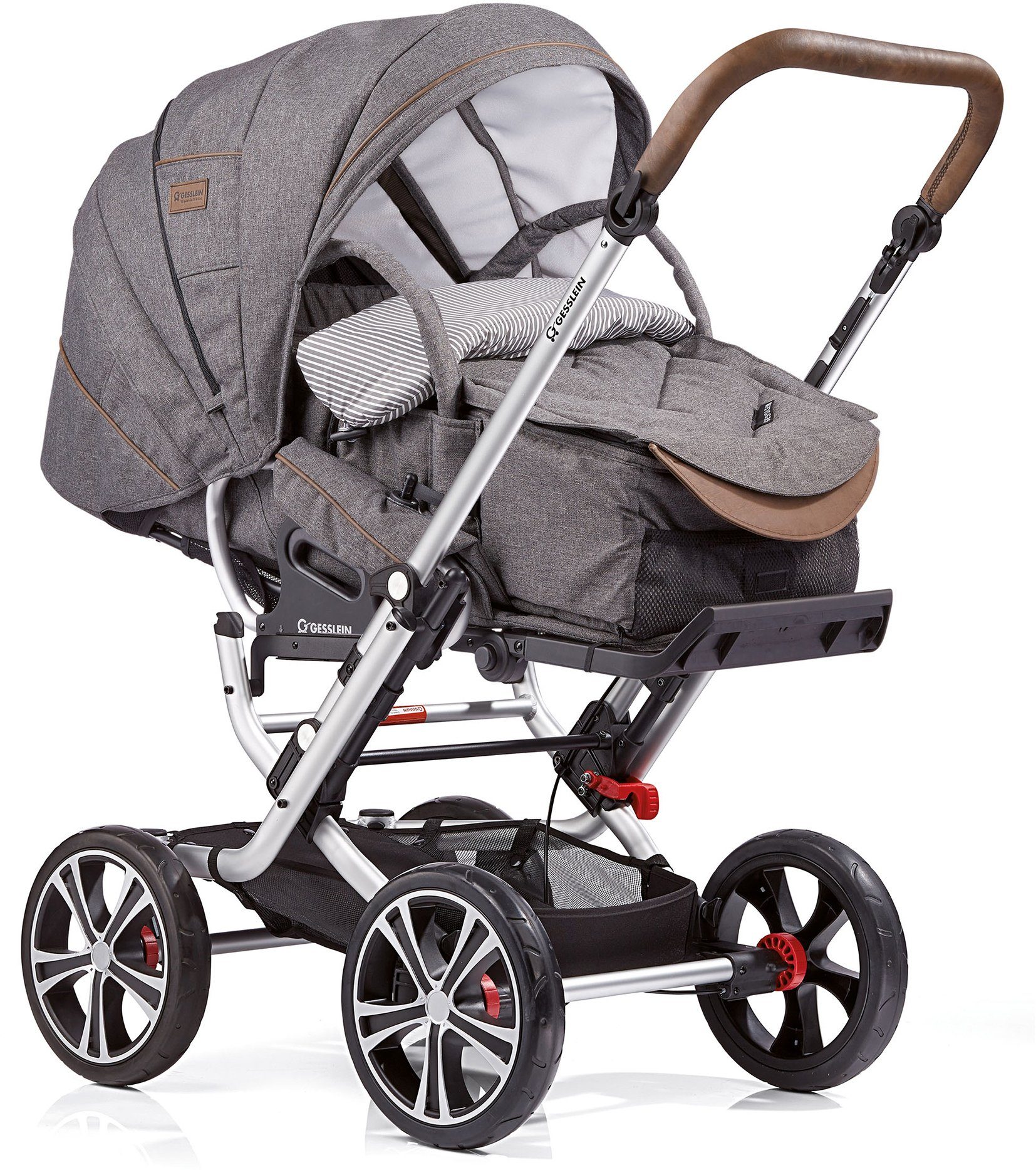 Gesslein Kombi-Kinderwagen F10 Air+, eloxiert/tabak, grau meliert/Streifen, mit Tragetasche C1 Lift; Design & Handarbeit aus Deutschland