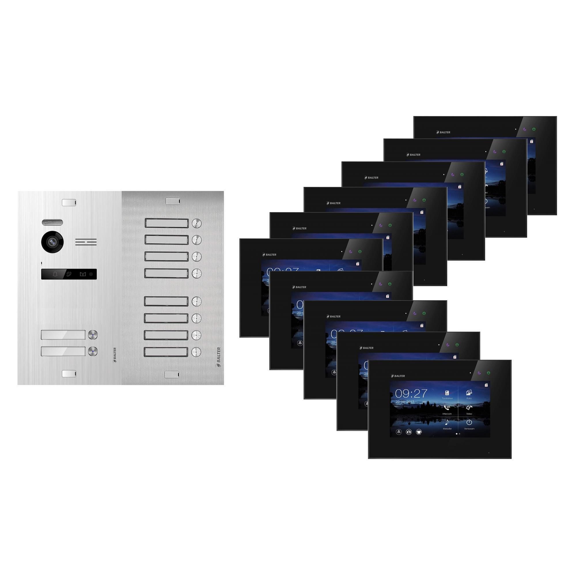 Balter Video-Türsprechanlage BALTER EVO Türsprechanlage 2-Draht BUS 10-Familienhaus Silber Schwarz (Set, 10-Familienhaus, Komplettset, Analog 150° Kamera, Touchscreen-Monitor)