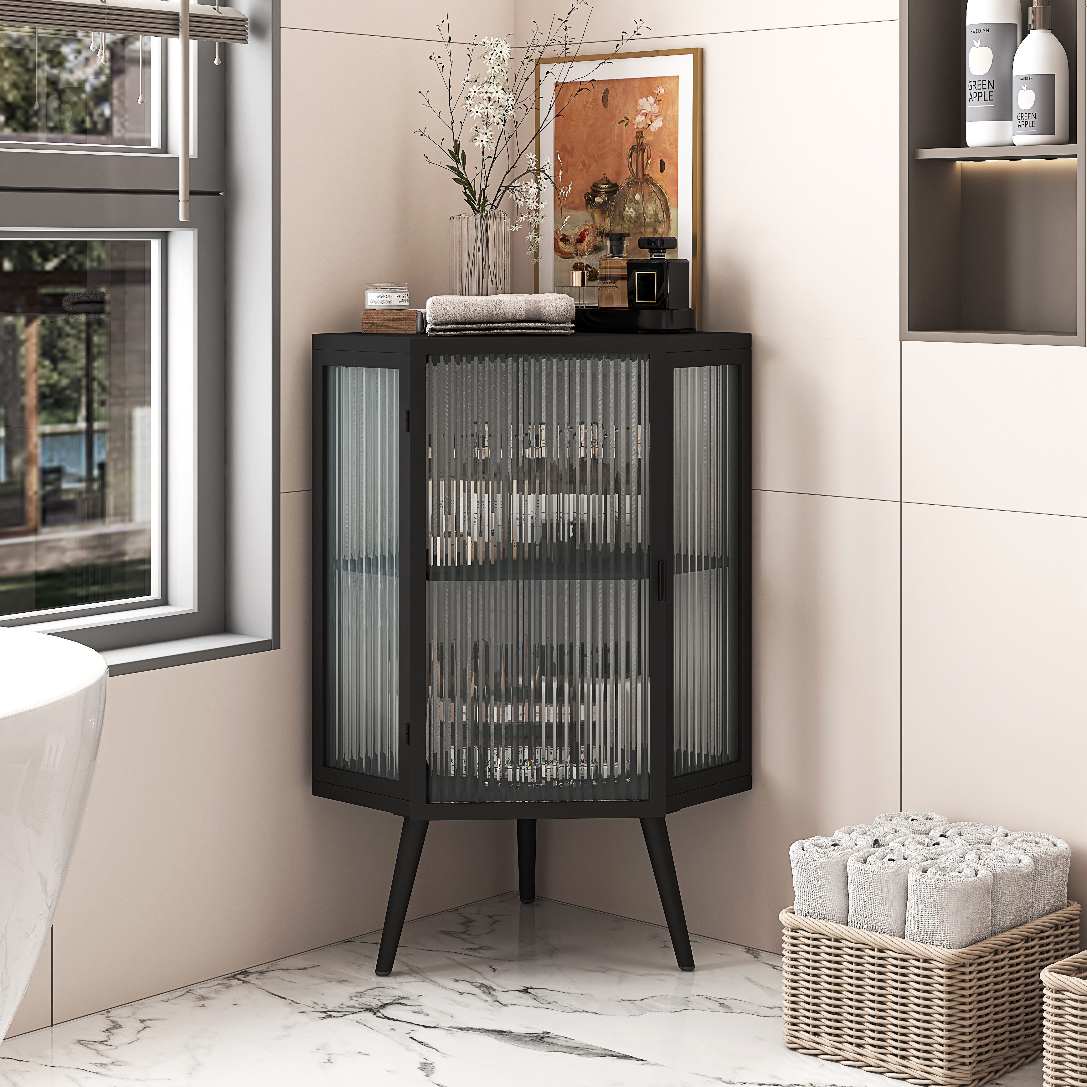 Celya Eckregal Eck-Unterschrank mit Tür aus gehärtetem Glas und verstellbarem Regal, für Badezimmer, Wohnzimmer, Schlafzimmer,Schwarz