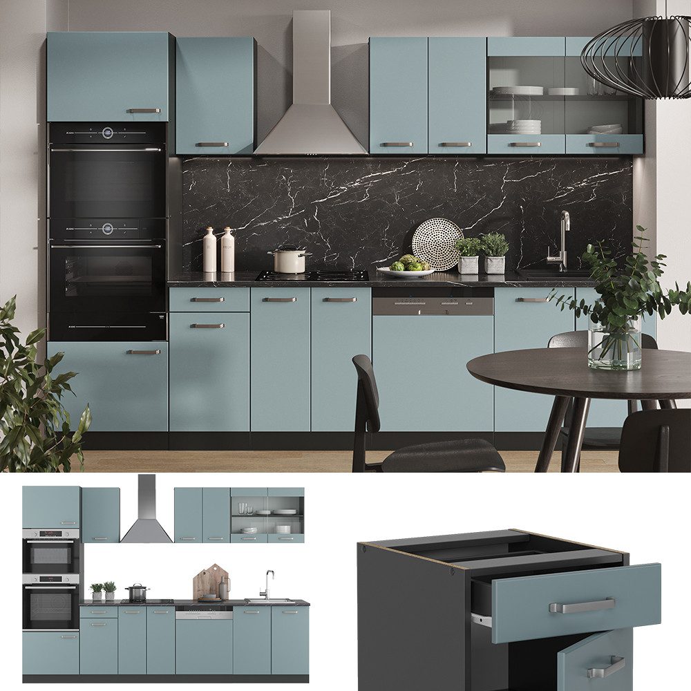 Vicco Küchenzeile R-Line, Blau-Grau/Anthrazit, 300cm mit Hochschrank ohne Arbeitsplatte