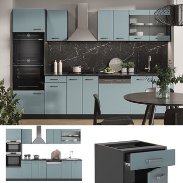 Livinity® Küchenzeile R-Line, Blau-Grau/Anthrazit, 300 cm mit Hochschrank, AP Eiche