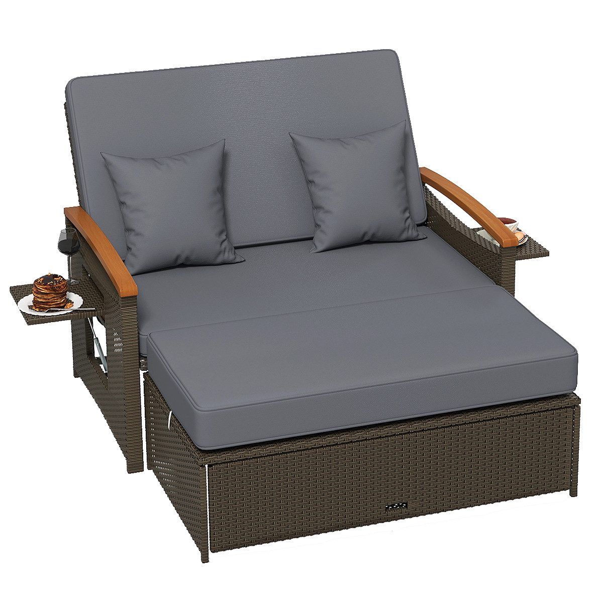 COSTWAY Loungebett outdoor, Rattan, 2-Personen, Gartenliege mit verstellbarer Rückenlehne