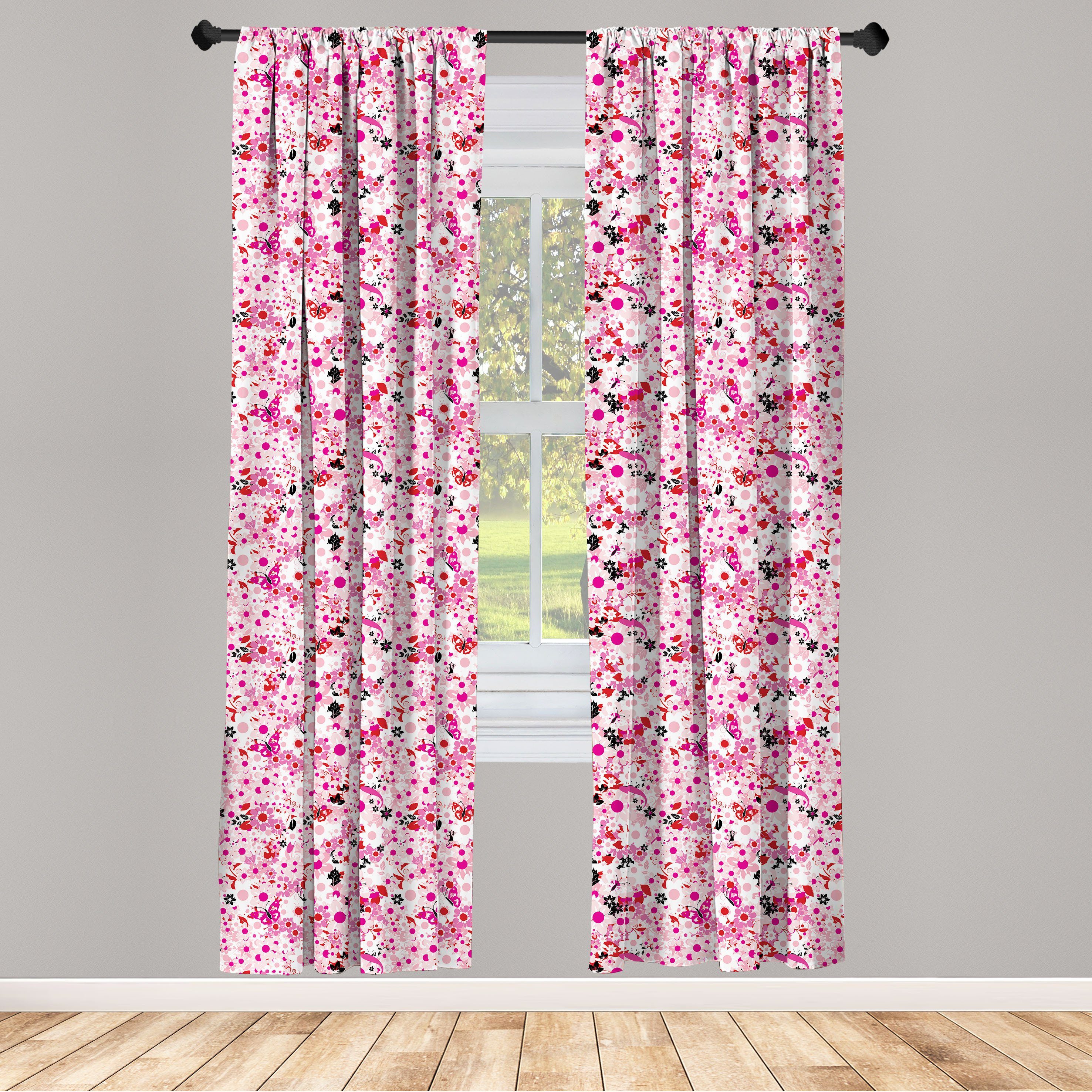 Gardine Vorhang für Wohnzimmer Schlafzimmer Dekor, Abakuhaus, Microfaser, Blumen Schmetterlinge Blütenblätter | 