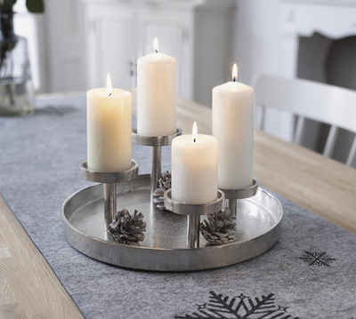 Dekoleidenschaft Kerzentablett Kerzenhalter "Tablett" aus Aluminium in Antik Optik, silber, Adventskranz Ø 32 cm, Kerzenständer für 4 Kerzen, Tischkranz
