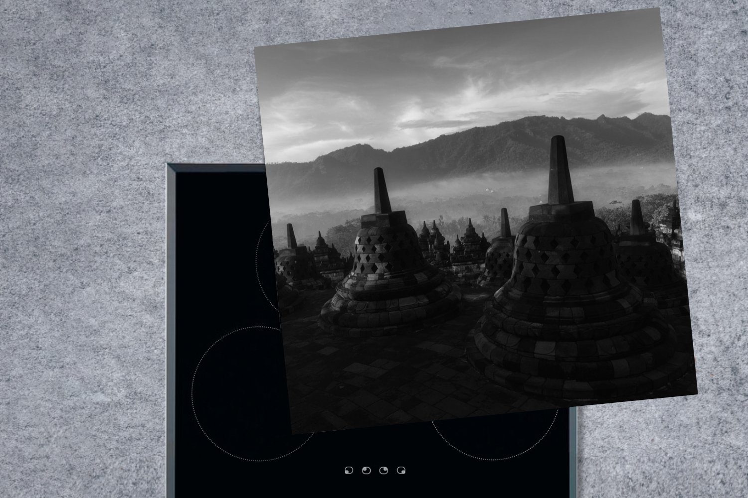 - Vinyl, küche tlg), Indonesien Ceranfeldabdeckung, - cm, für MuchoWow Berg Arbeitsplatte 78x78 - Herdblende-/Abdeckplatte Weiß, (1 Schwarz