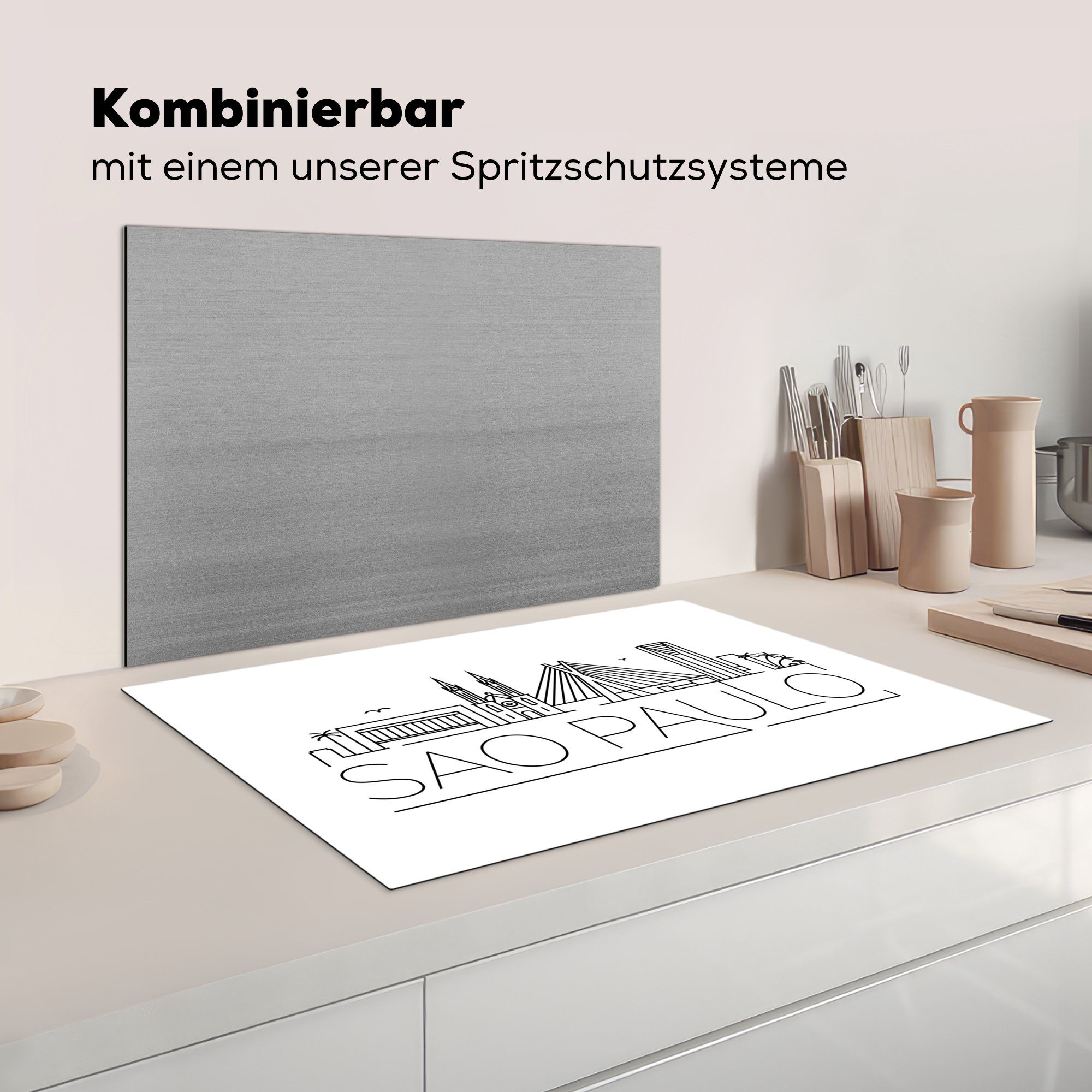 Vinyl, (1 weißem küche, "Sao Ceranfeldabdeckung für Paulo" mit MuchoWow Induktionskochfeld cm, die 81x52 Herdblende-/Abdeckplatte Stadtbild tlg), Hintergrund, Schutz