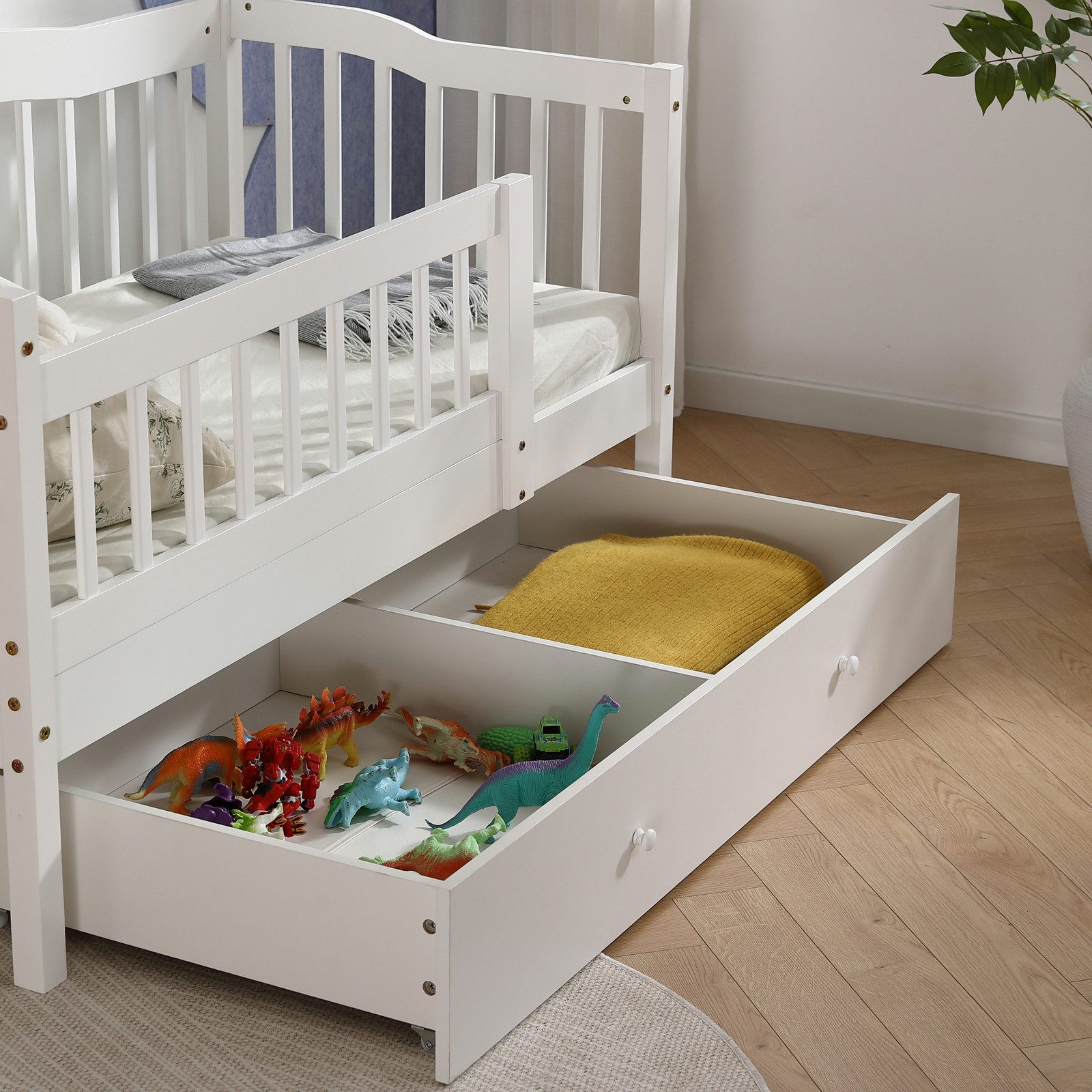 LEADZM Kinderbett mit Schubladen 70x140 / 80x160 / 90x200cm, Hausbett mit Lattenrost, Bodenbett mit Stauraum und Abnehmbarer Barriere, Weiß – Bild 4 von 5