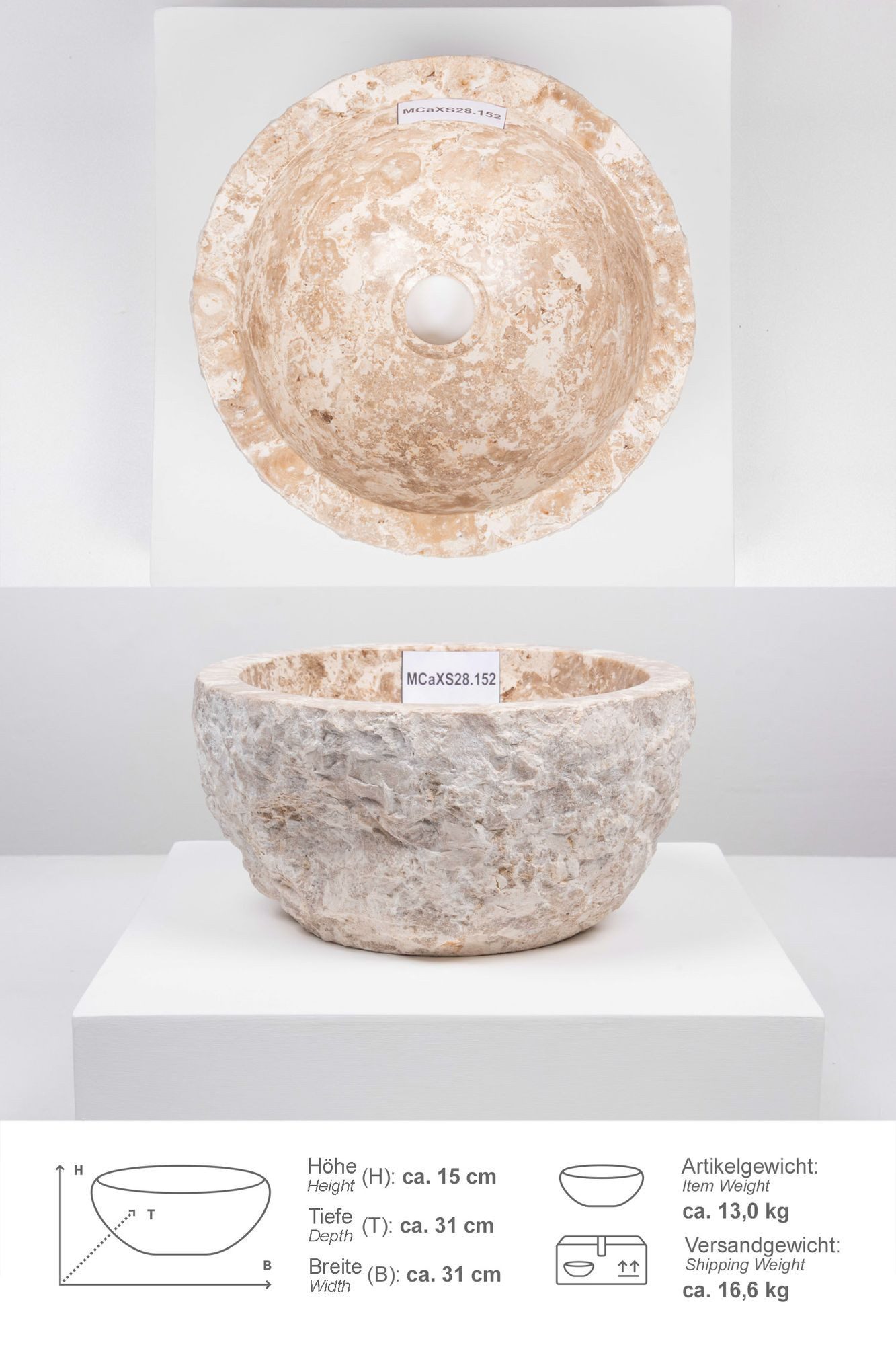 wohnfreuden Aufsatzwaschbecken Erosi Marmor Раковины 30 cm creme (Kein Set), 101659_MCaXS28.152