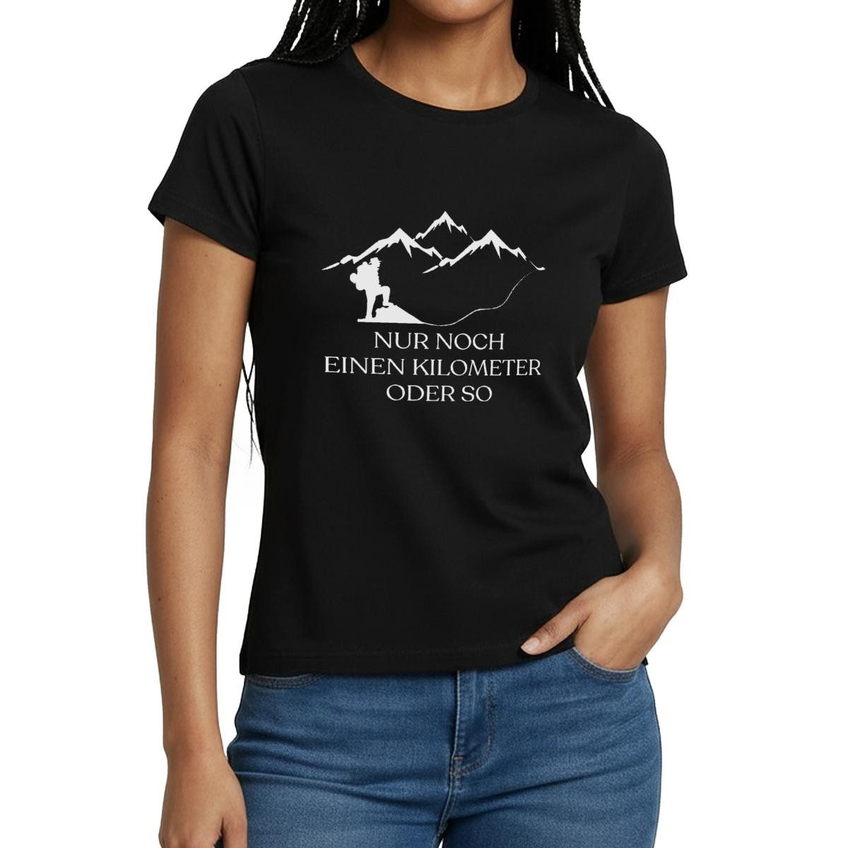 Spreadshirt T-Shirt Nur Noch Einen Kilometer Oder So, Wandern Frauen T-Shirt (1-tlg) Slim Fit, fällt klein aus