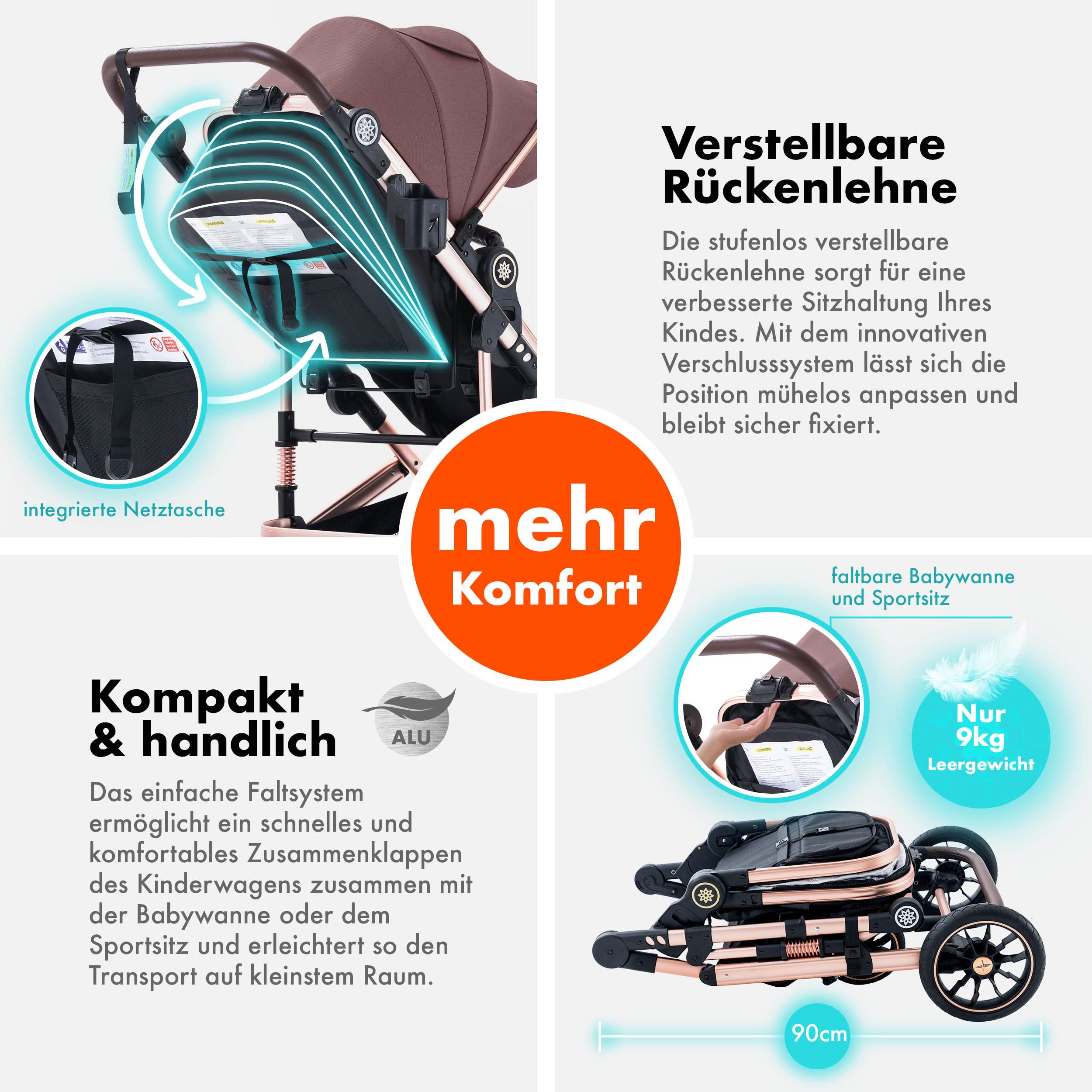 Daliya® Kombi-Kinderwagen NEOMOVE 2in1 Kinderwagen, Buggy und Babywanne in einem, Babywanne und Sportsitz, Alu-Rahmen, Großer Einkaufskorb – Bild 4 von 5