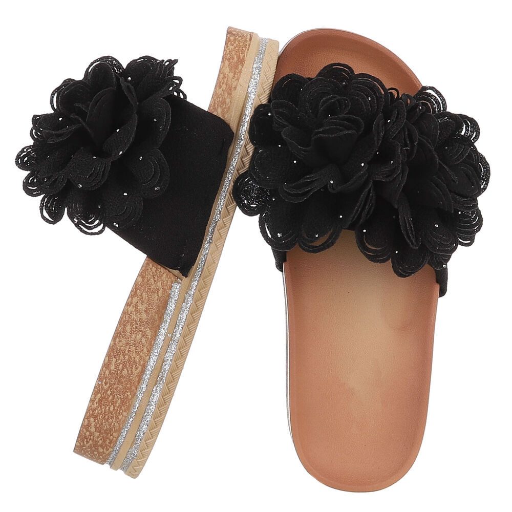 Ital-Design Damen Plateau-Pantolette mit Blütenapplikation Plateausandaletten (91849036) Flach Pantoletten in Schwarz