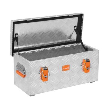 ALUBOX Aufbewahrungsbox aus Aluminiumriffelblech massiv Transportkiste (37 Liter), Fangbänder & Gasdruckheber im Deckel