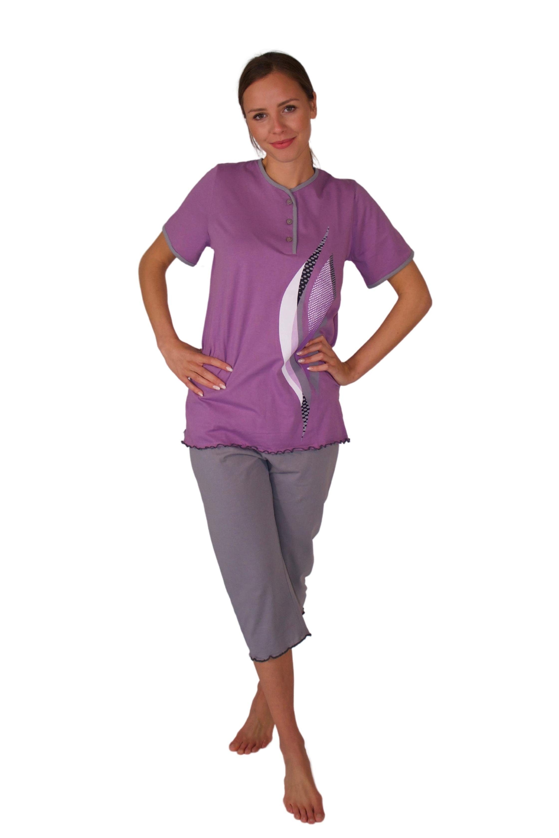Wäsche/Bademode Pyjamas Consult-Tex Capri-Pyjama Damen Capri Schlafanzug Pyjama (1 Set) Oberteil mit Knopfleiste und Motivdruck
