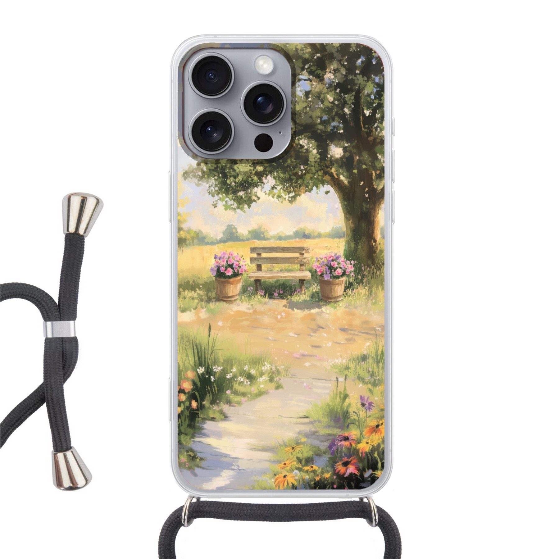MuchoWow Handyhülle für Apple iPhone 16 Pro Max Holzbank - Blumentöpfe - Landschaft, Tragbare Handyhüllen mit Kette zum umhängen, Handykette Handyband