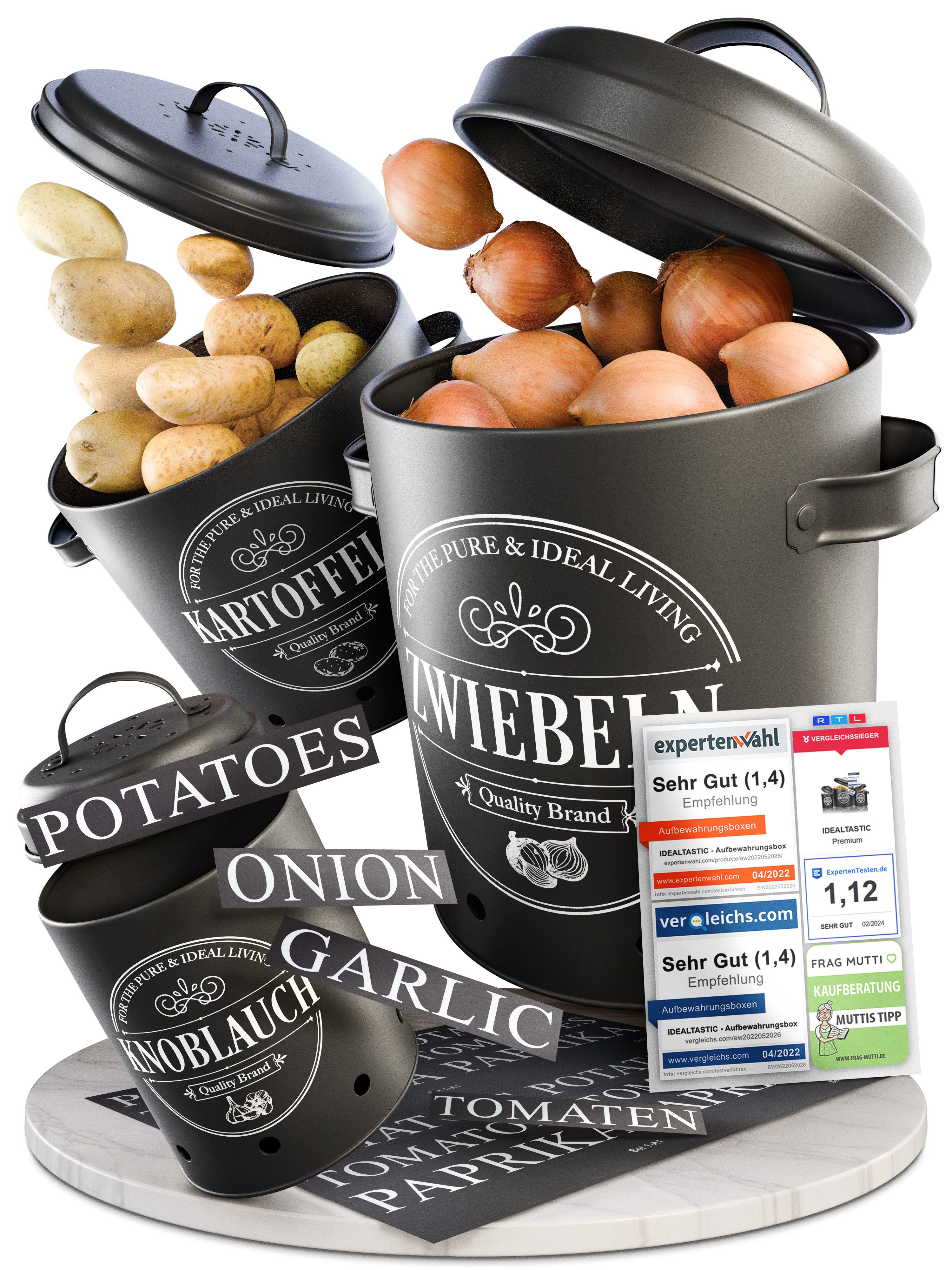 IDEALTASTIC Vorratsdose Premium Kartoffel Aufbewahrung, Zwiebel, Knoblauch Aufbewahrungsbox, Legirter Stahl, langlebig, Extra leicht, (Set, 3-tlg., 3-teiliges Set für Kartoffeln, Zwiebeln & Knoblauch), Kartoffel-Zwiebel-Knoblauch Set, 3-tlg. mit 360° Belü