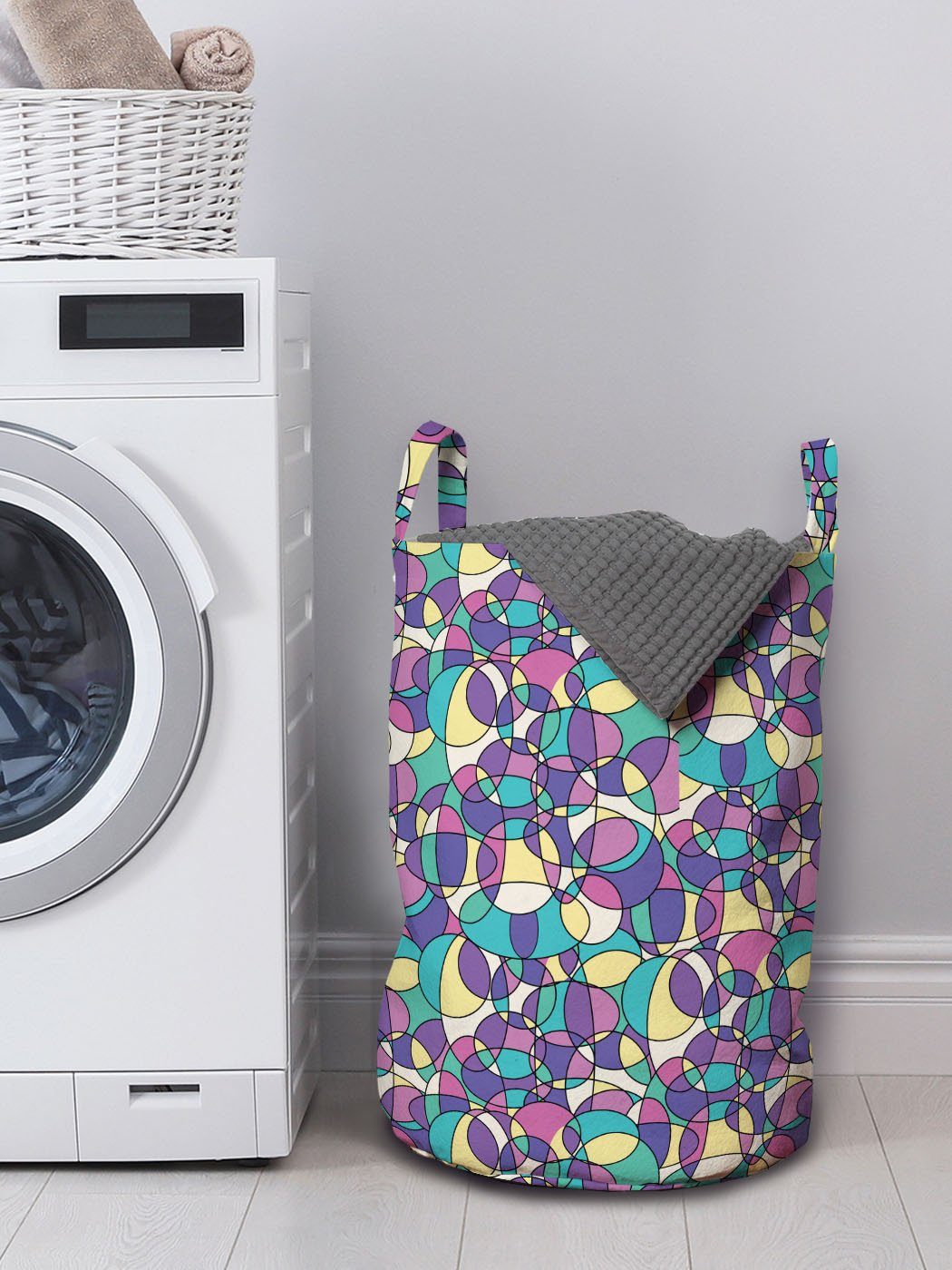 Wäschekorb Waschsalons, Bunte Kreise Wäschesäckchen für Abakuhaus Kordelzugverschluss Geometrisch mit Retro Griffen