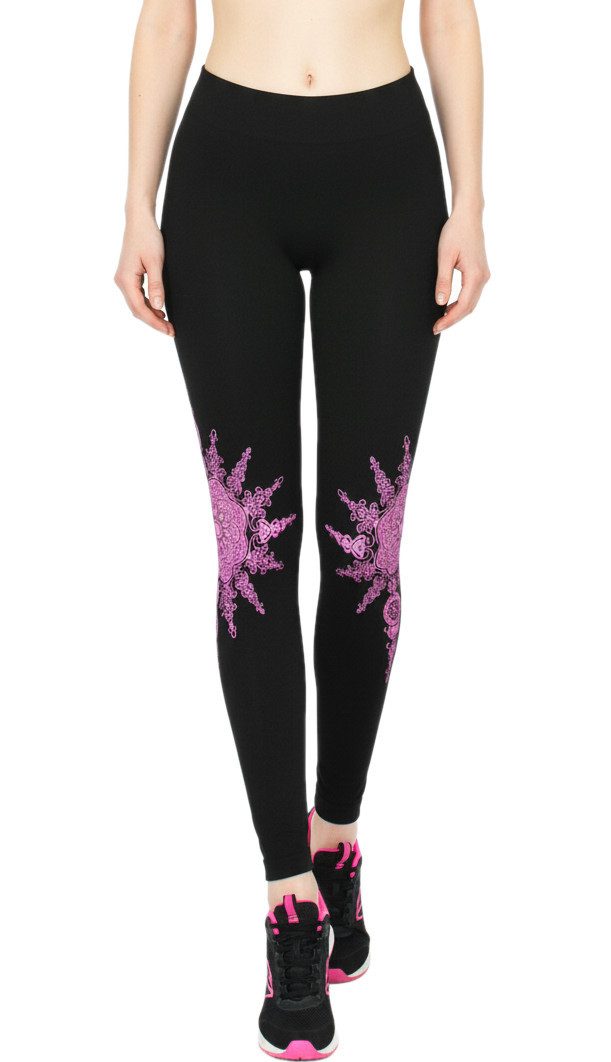 Highwaist Leggings Damen Leggings mit Blumen Druck Mandala Muster Leggins Schwarz