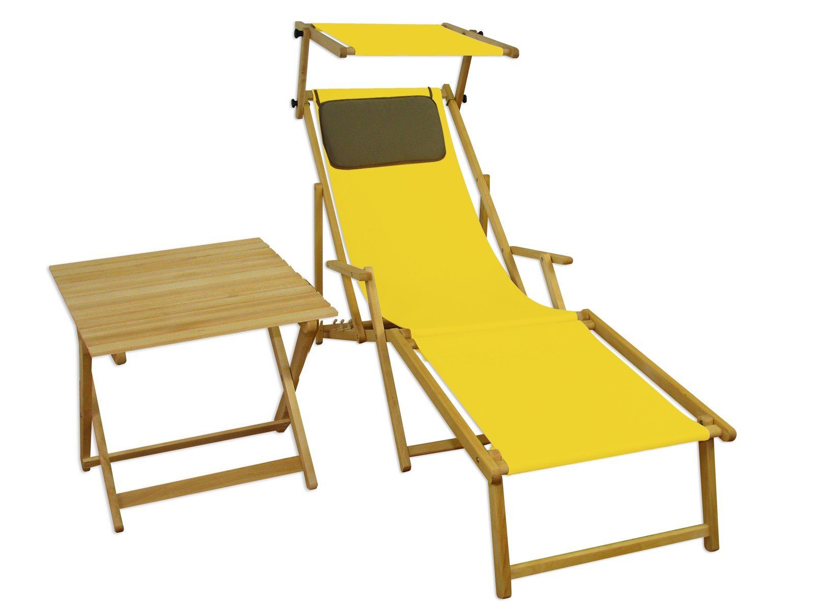 ERST-HOLZ Gartenliege Liegestuhl gelb mit Fußteil, Sonnendach, Tisch u.  Kissen