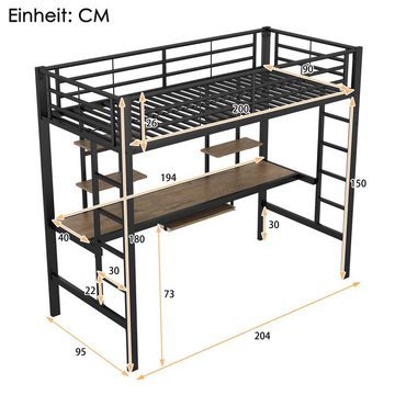 Flieks Hochbett Metallbett Kinderbett mit Schreibtisch & Regal 90x200cm ohne Stuhl