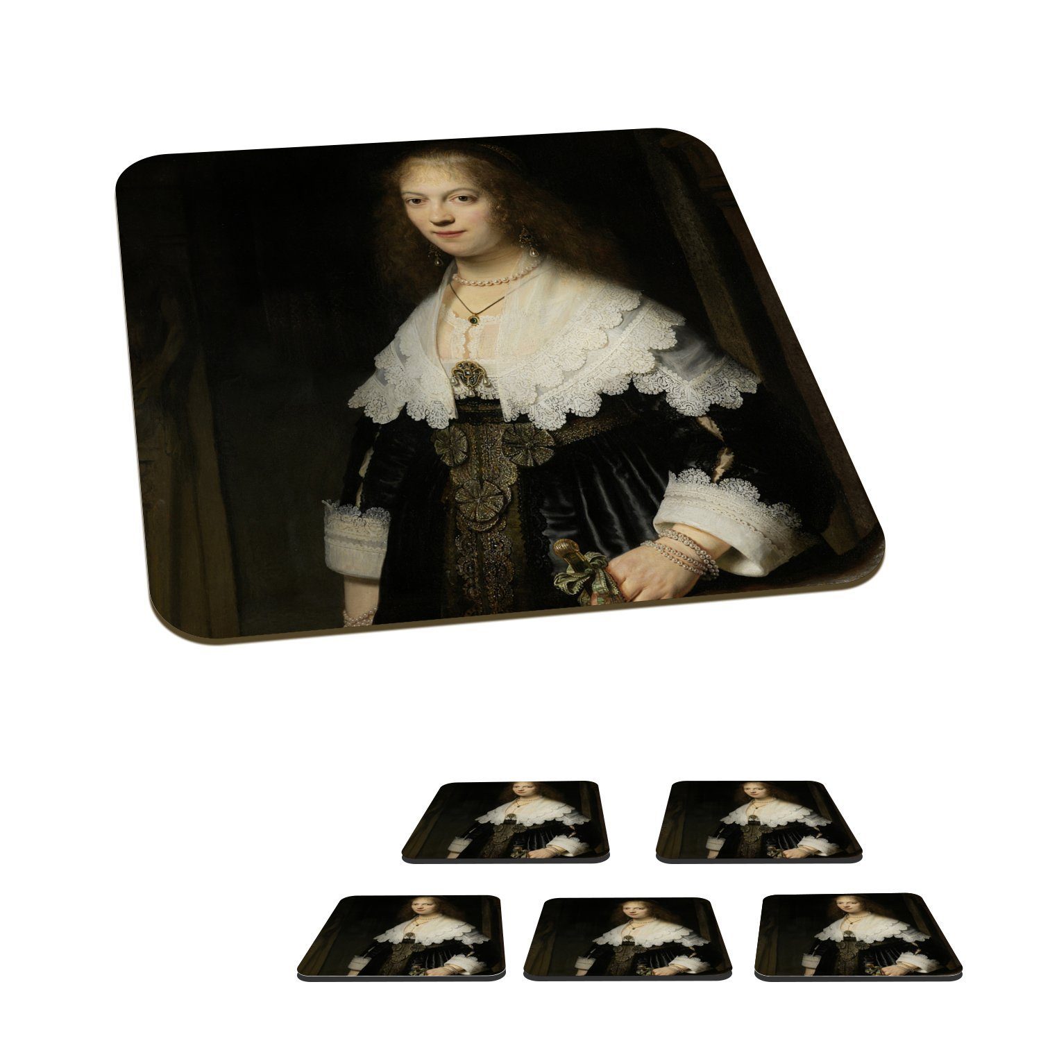 MuchoWow Glasuntersetzer Porträt einer Frau, möglicherweise Maria Trip - Gemälde von Rembrandt, Zubehör für Gläser, 6-tlg., Glasuntersetzer, Tischuntersetzer, Korkuntersetzer, Untersetzer, Tasse