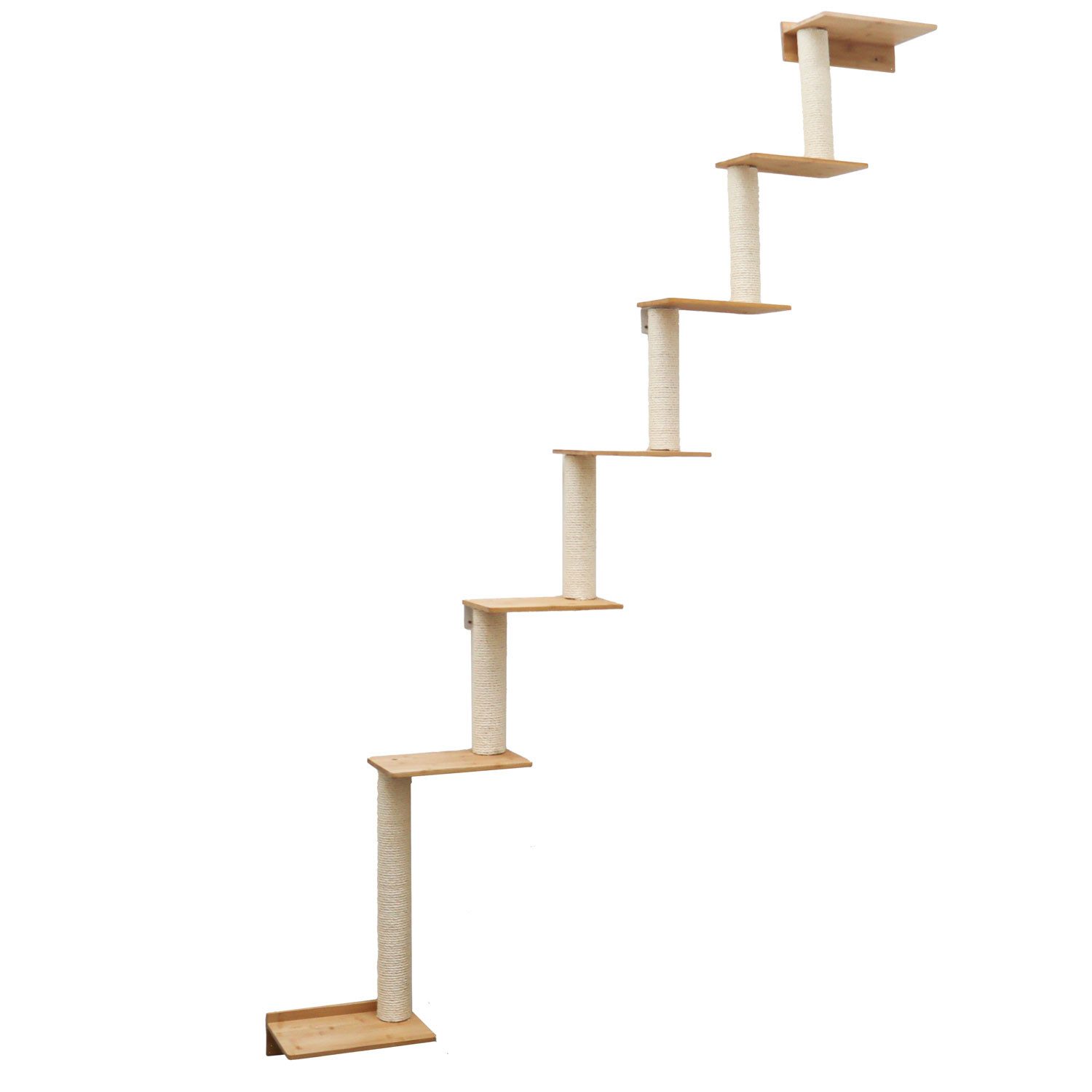 eyepower Kratzbaum zur Wandmontage - 251 cm Wandkratzbaum für Katzen mit 7 Bambus Plateau, Sisalstamm Wand - Katzenkratzbaum platzsparend - Kletterwand Katze