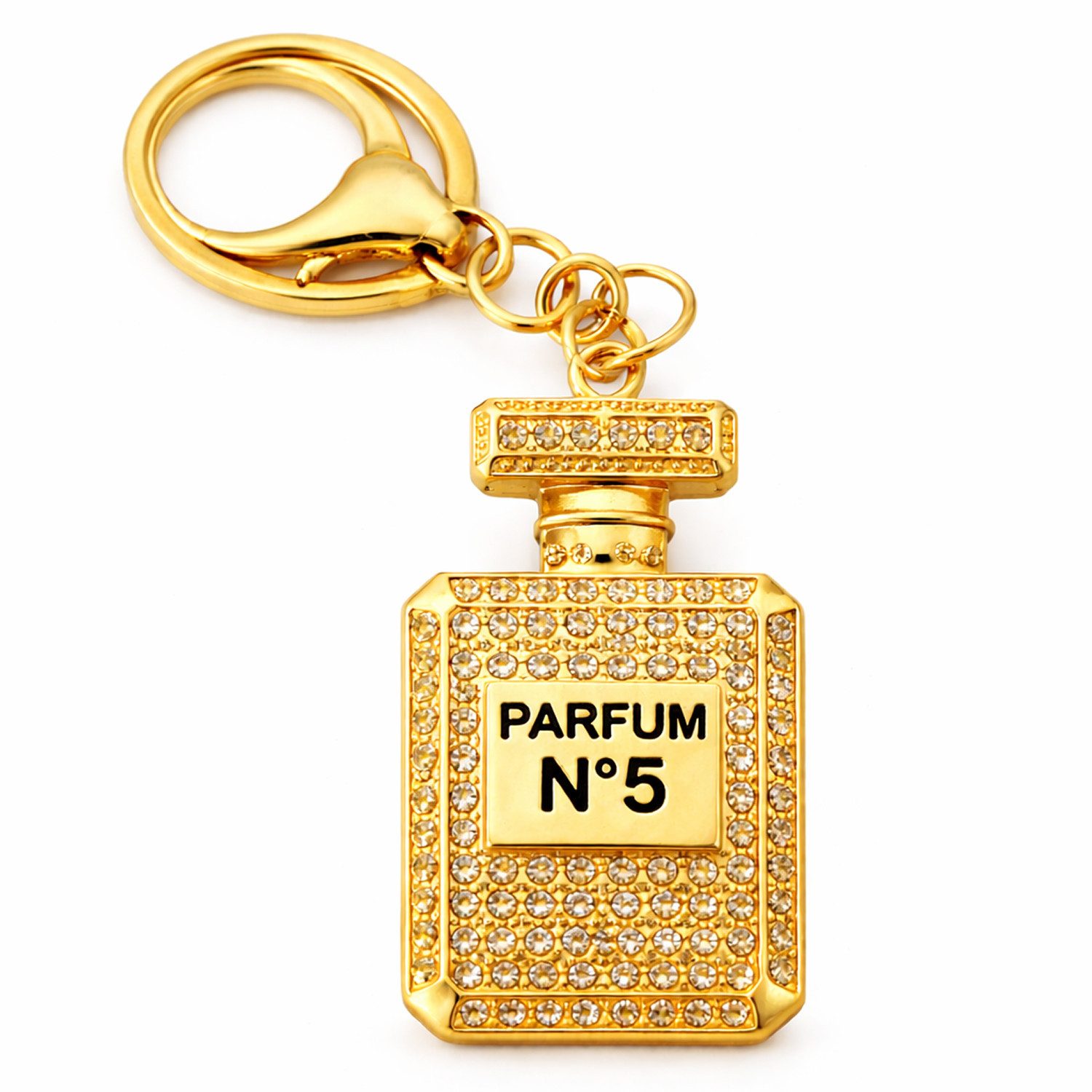 what the shop Schlüsselanhänger Taschenanhänger Parfum Look Gold mit Kristallen, ikonisches Parfum No 5 Flakon Design