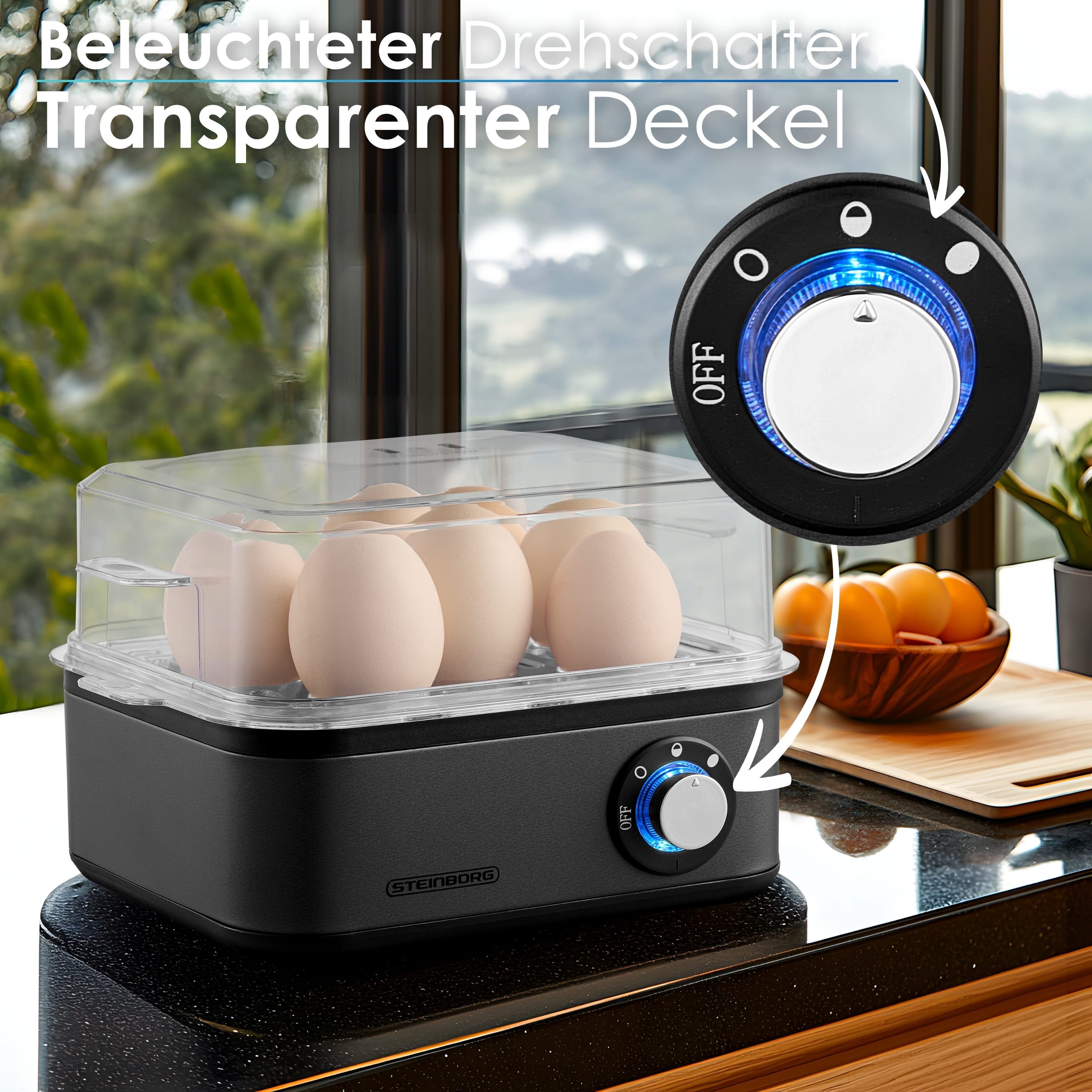 STEINBORG Eierkocher SB-2630, Anzahl Eier: 8 St., 500 W, Dampfauslass im Deckel, transparenter Deckel