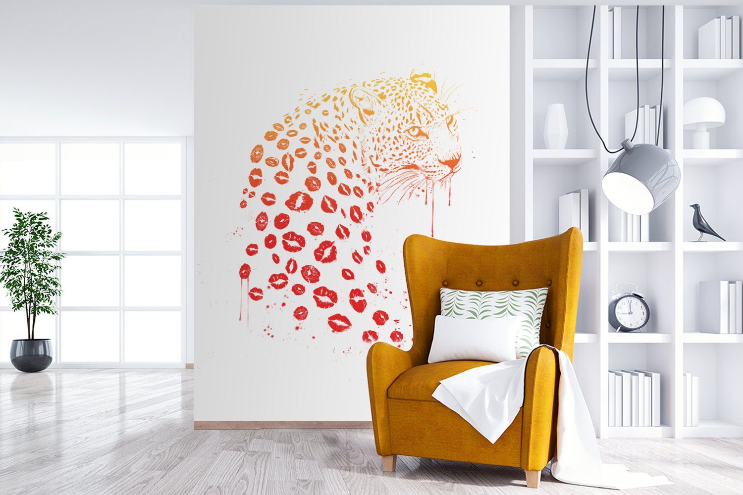 MuchoWow Fototapete Leopard - Tapete Vinyl Montagefertig Lippen Wohnzimmer, Design, für Matt, (4 St), - - Tiere Rot bedruckt, - Wandtapete