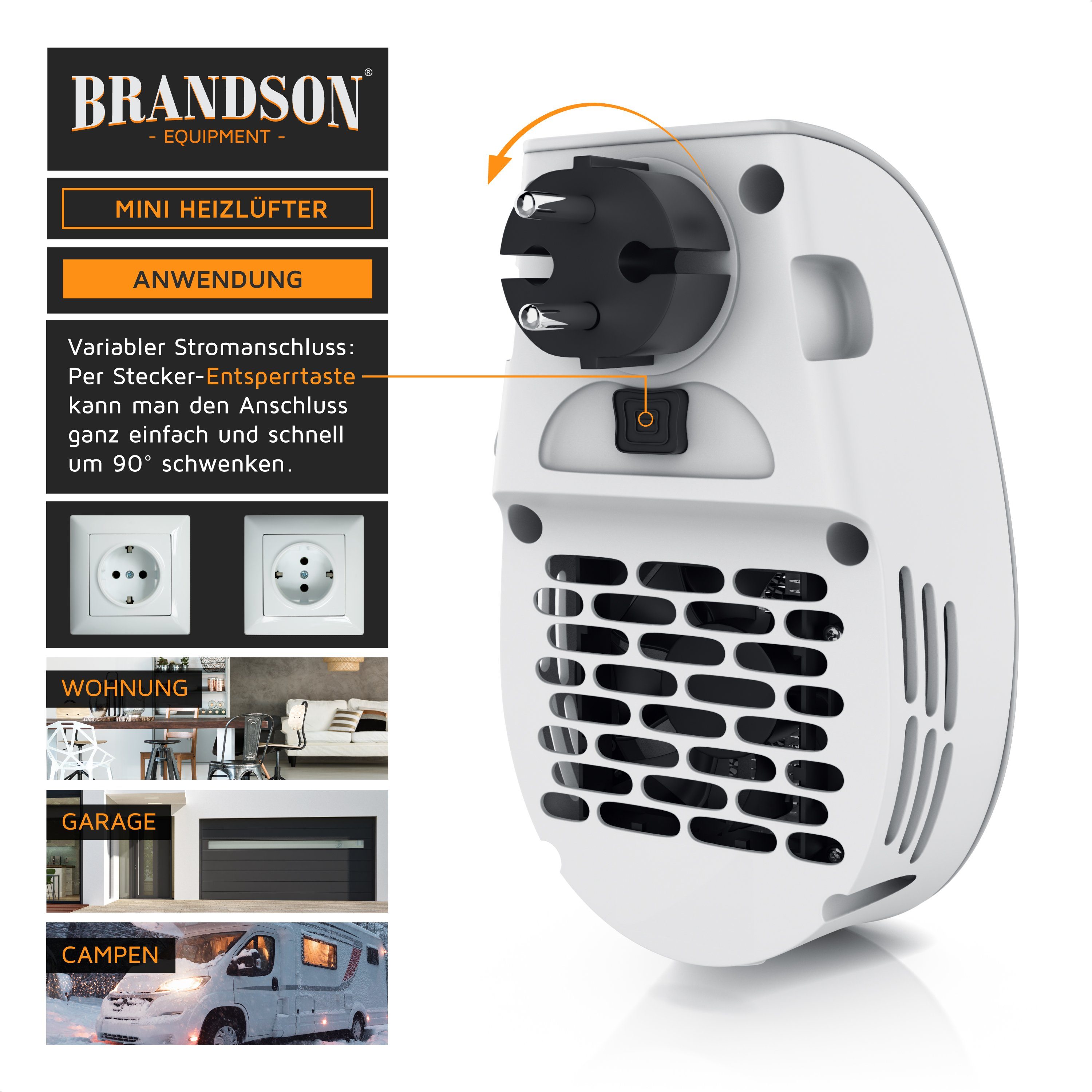 Brandson Keramikheizlüfter Steckdosen Mini Heizlüfter mit Temperaturregelung & Fernbedienung, 500 W, energiesparend, 500 W Sofort-Wärme für Bad, Büro, Camping & – Bild 4 von 5