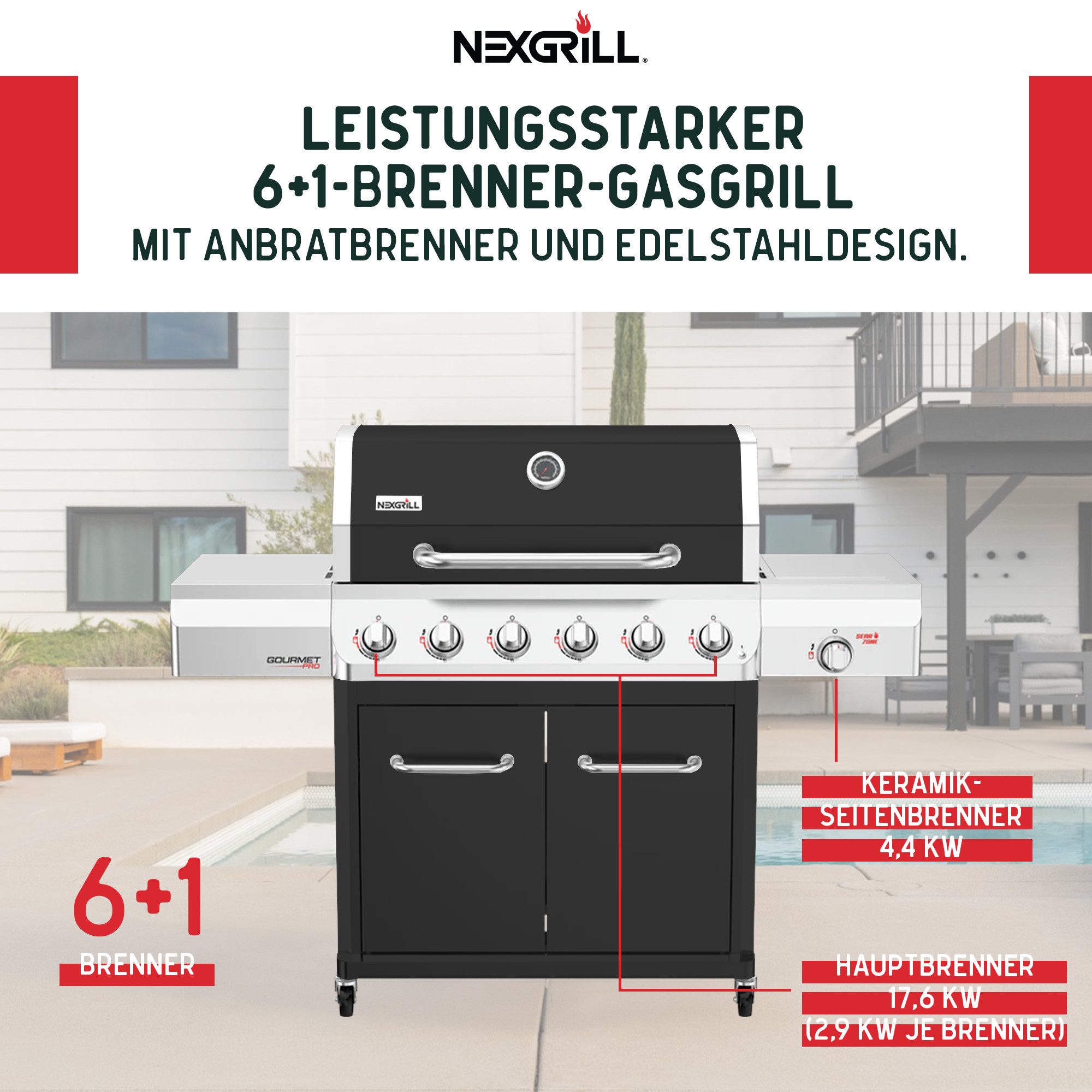 nexgrill Gasgrill 6B Gourmet Pro 6 + 1 Brenner, Keramik-Seitenbrenner & Gusseisen Plancha, 22KW, Griddle Max, Grillwagen, Aufbaumaß: 152x57x121 cm